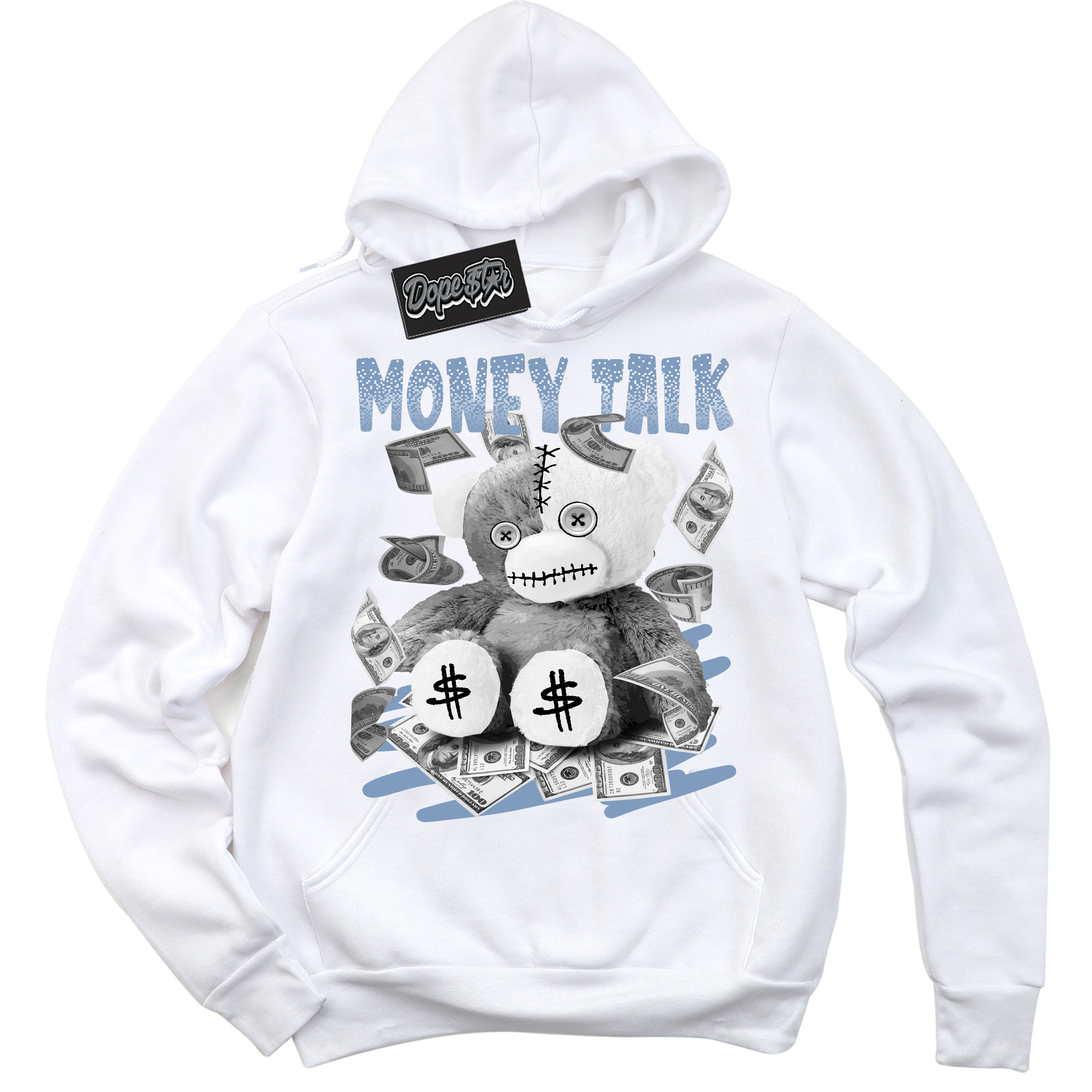 Cool White Hoodie with “ Money Talk Bear ”  design that Perfectly Matches Reverse Oreo 6s Sneakers.