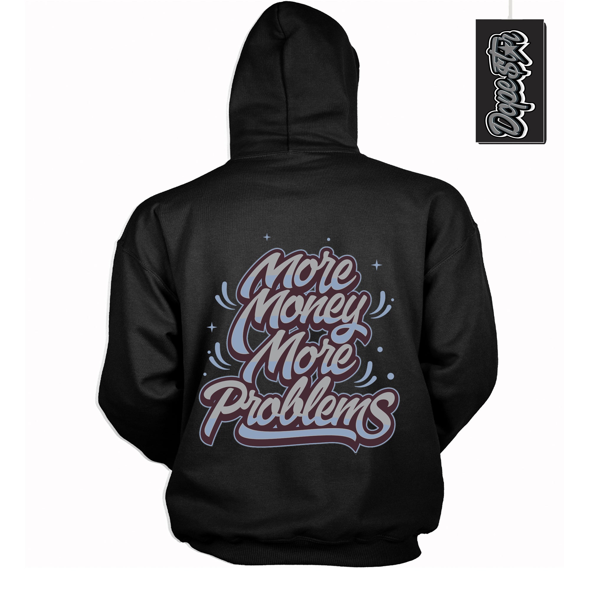 Cool Black Hoodie with “ More Money More Problems ”  design that Perfectly Matches Burgundy 5s Sneakers.