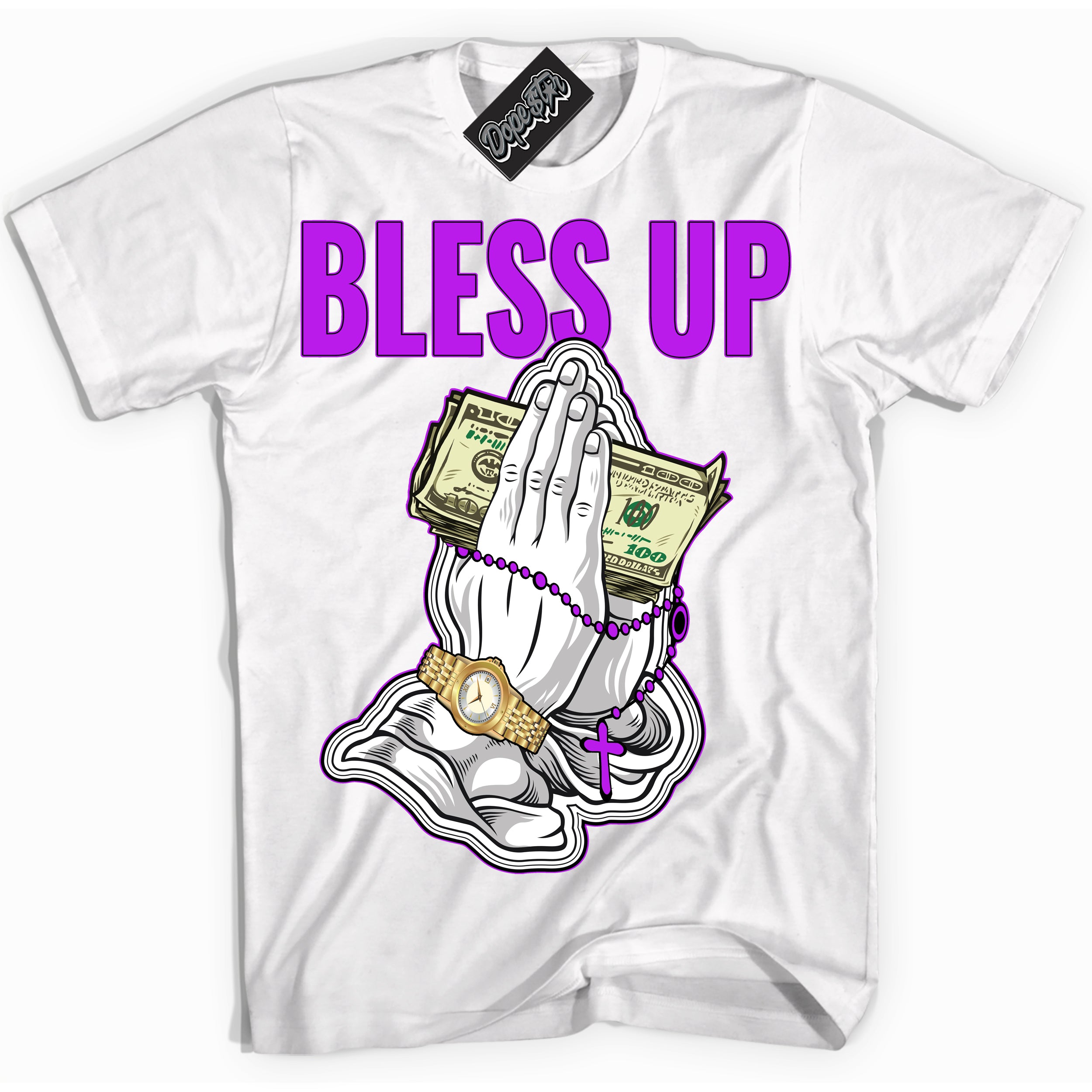 Cool White Shirt with “ Bless Up” design that perfectly matches RTKT Genesis Dunk Sneakers.