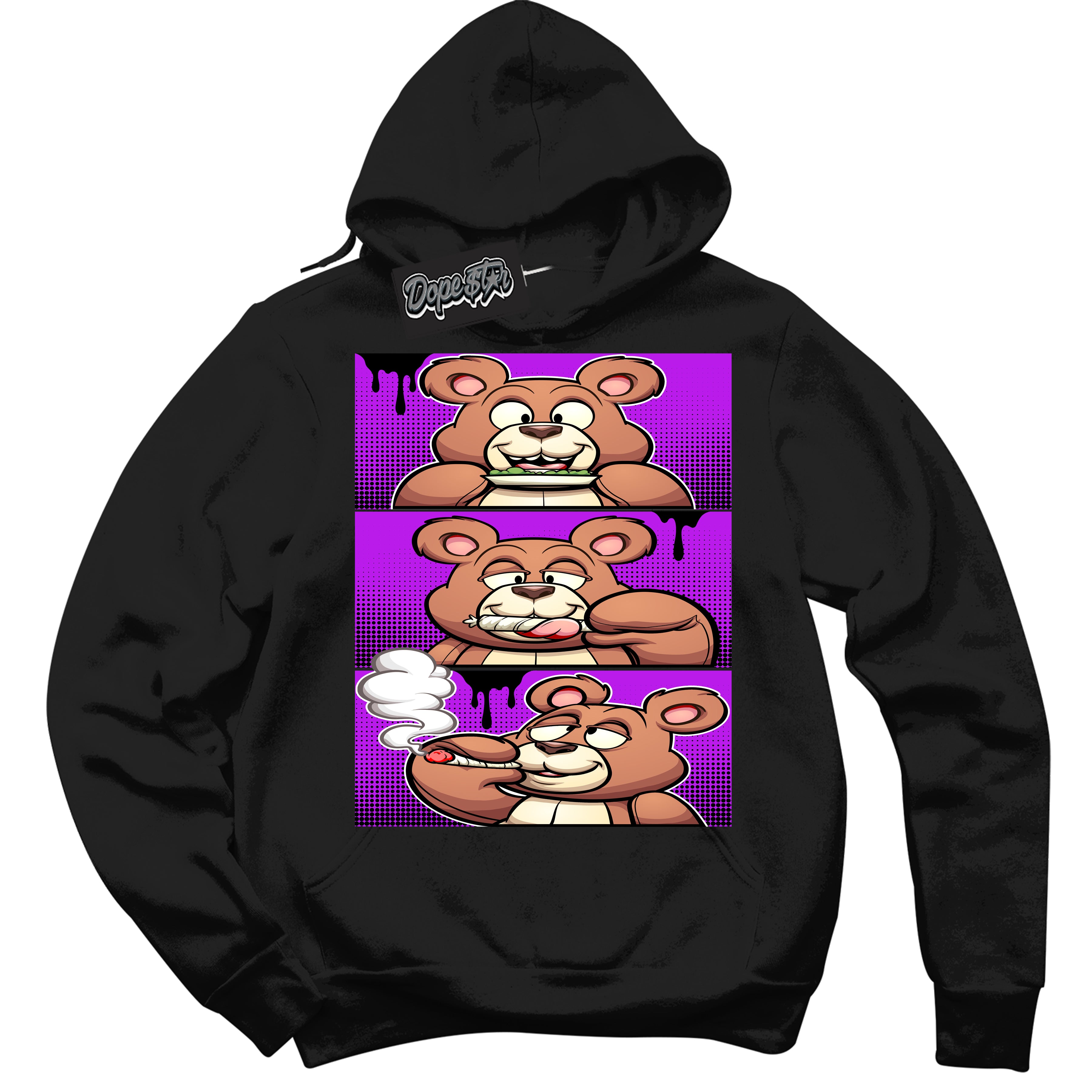 Cool Black Hoodie with “ Roll It Lick It Smoke It Bear ”  design that Perfectly Matches RTKT Genesis Dunk Sneakers.