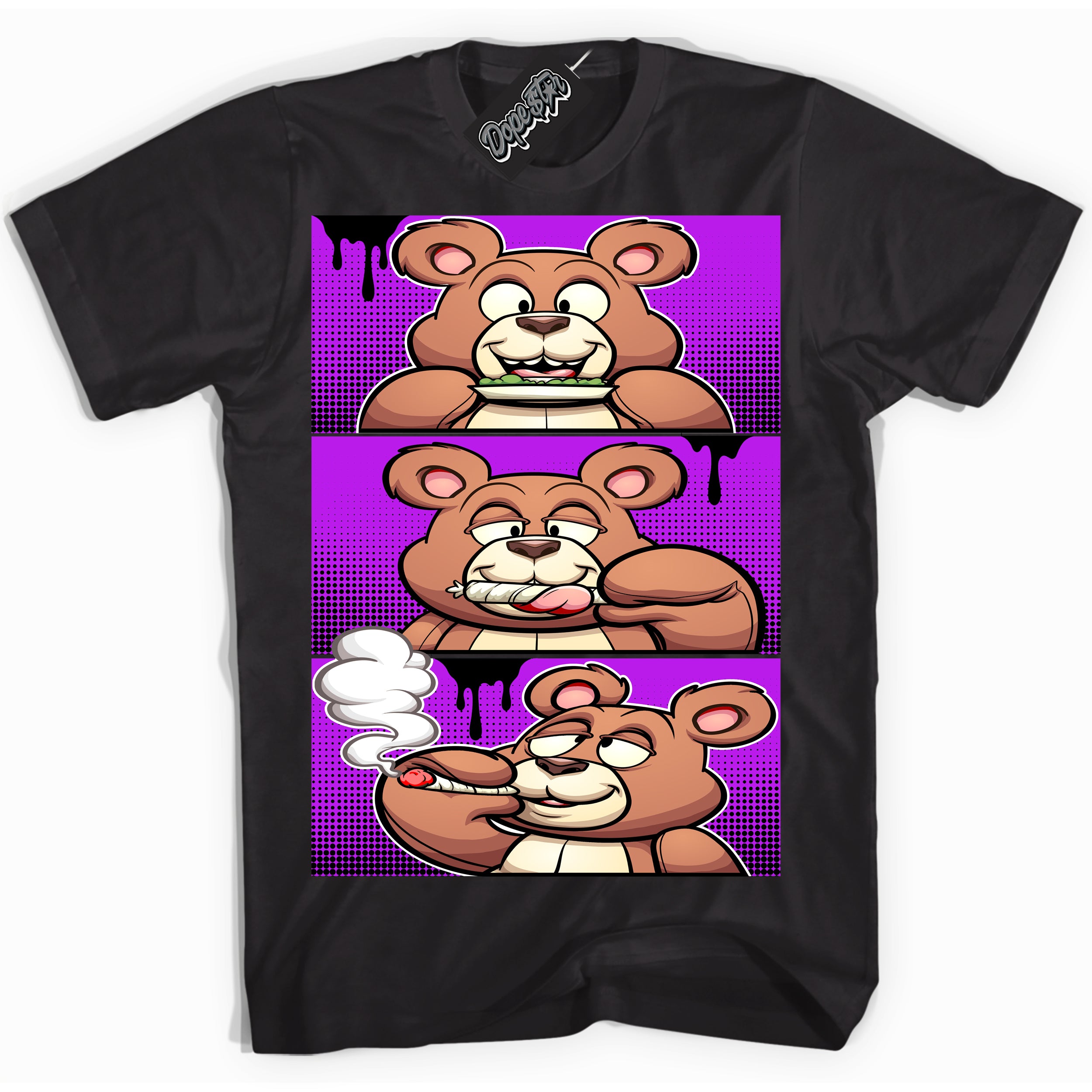 Cool Black Shirt with “ Roll It Lick It Smoke It Bear” design that perfectly matches RTKT Genesis Dunk Sneakers.