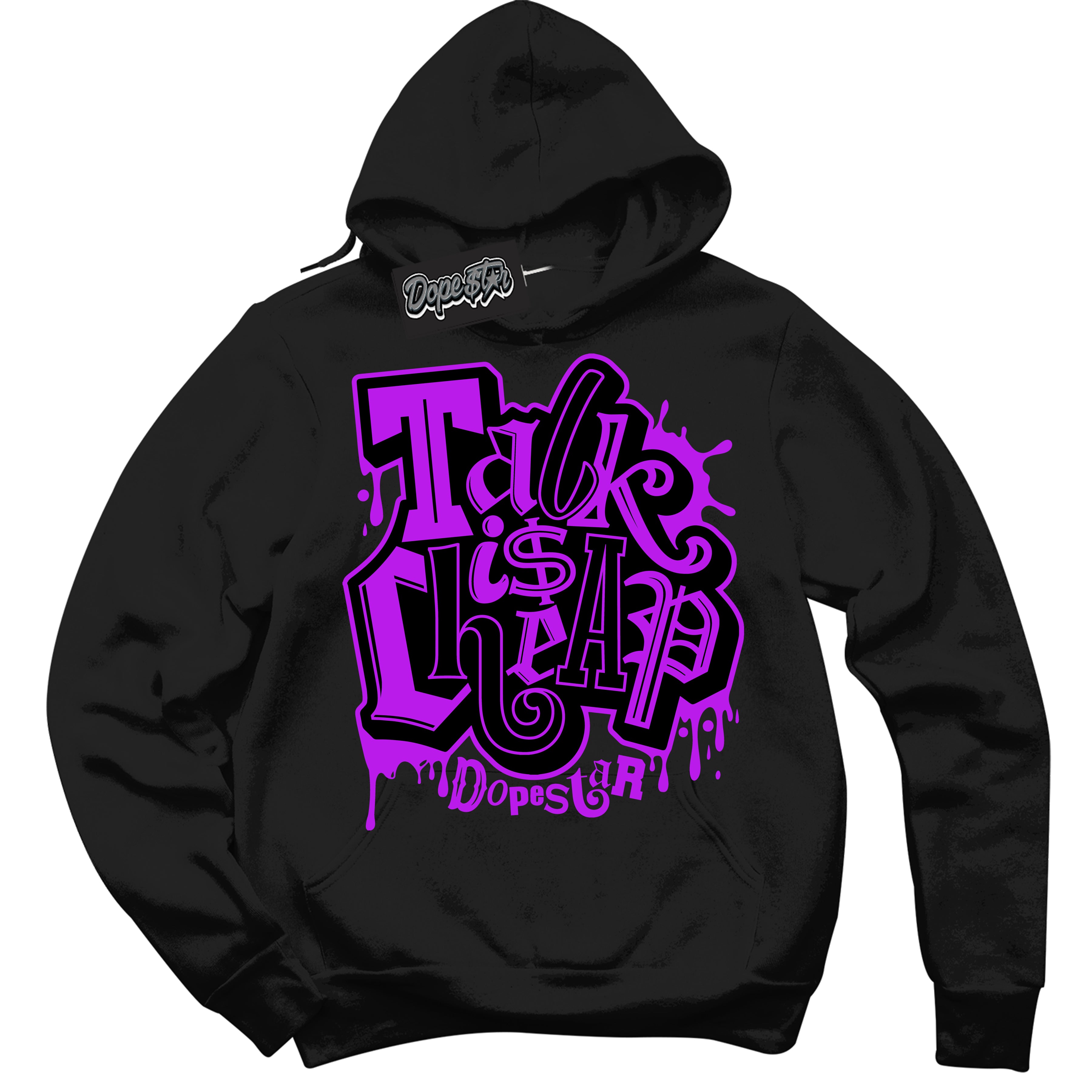 Cool Black Hoodie with “ Talk Is Cheap ”  design that Perfectly Matches RTKT Genesis Dunk Sneakers.