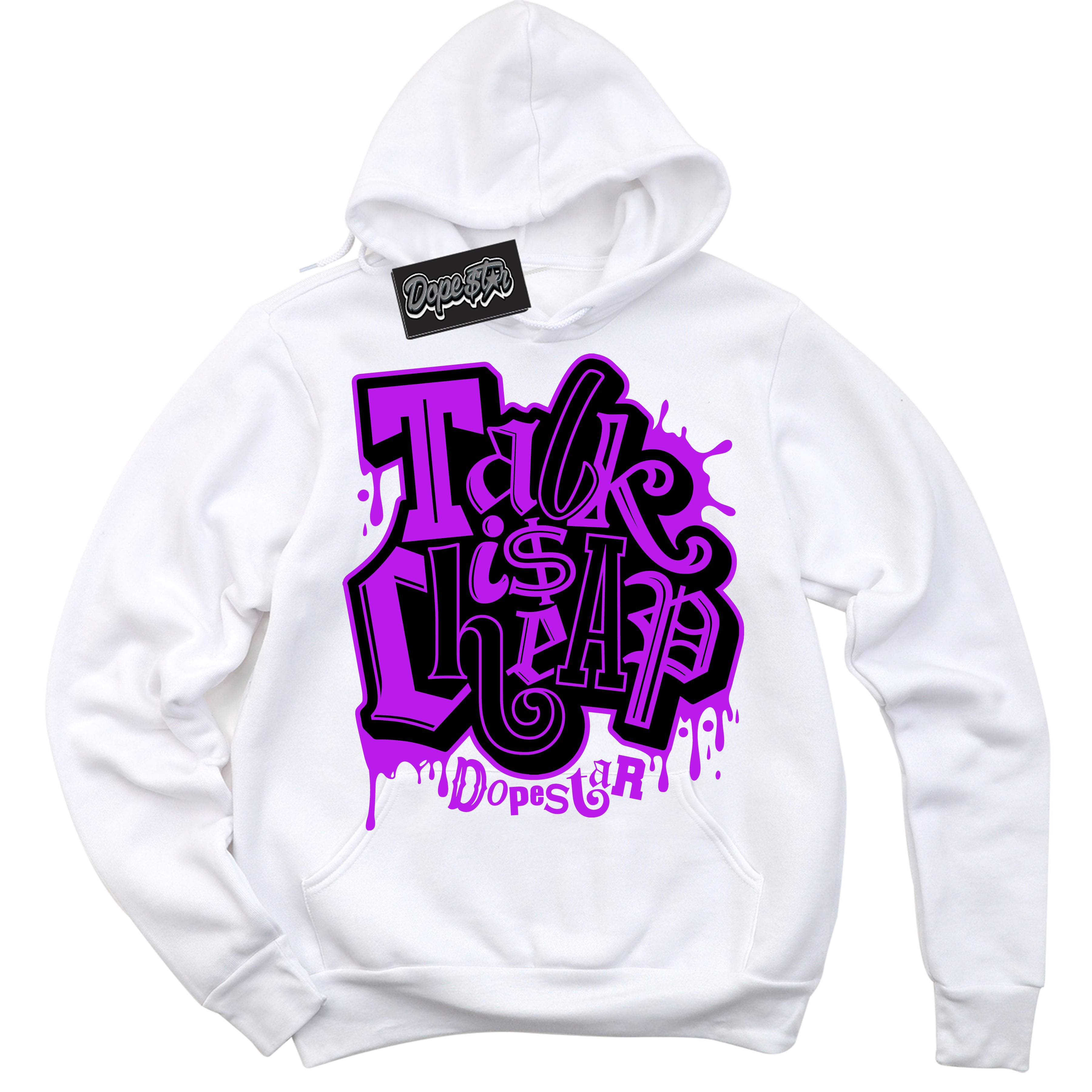 Cool White Hoodie with “ Talk Is Cheap ”  design that Perfectly Matches RTKT Genesis Dunk Sneakers.