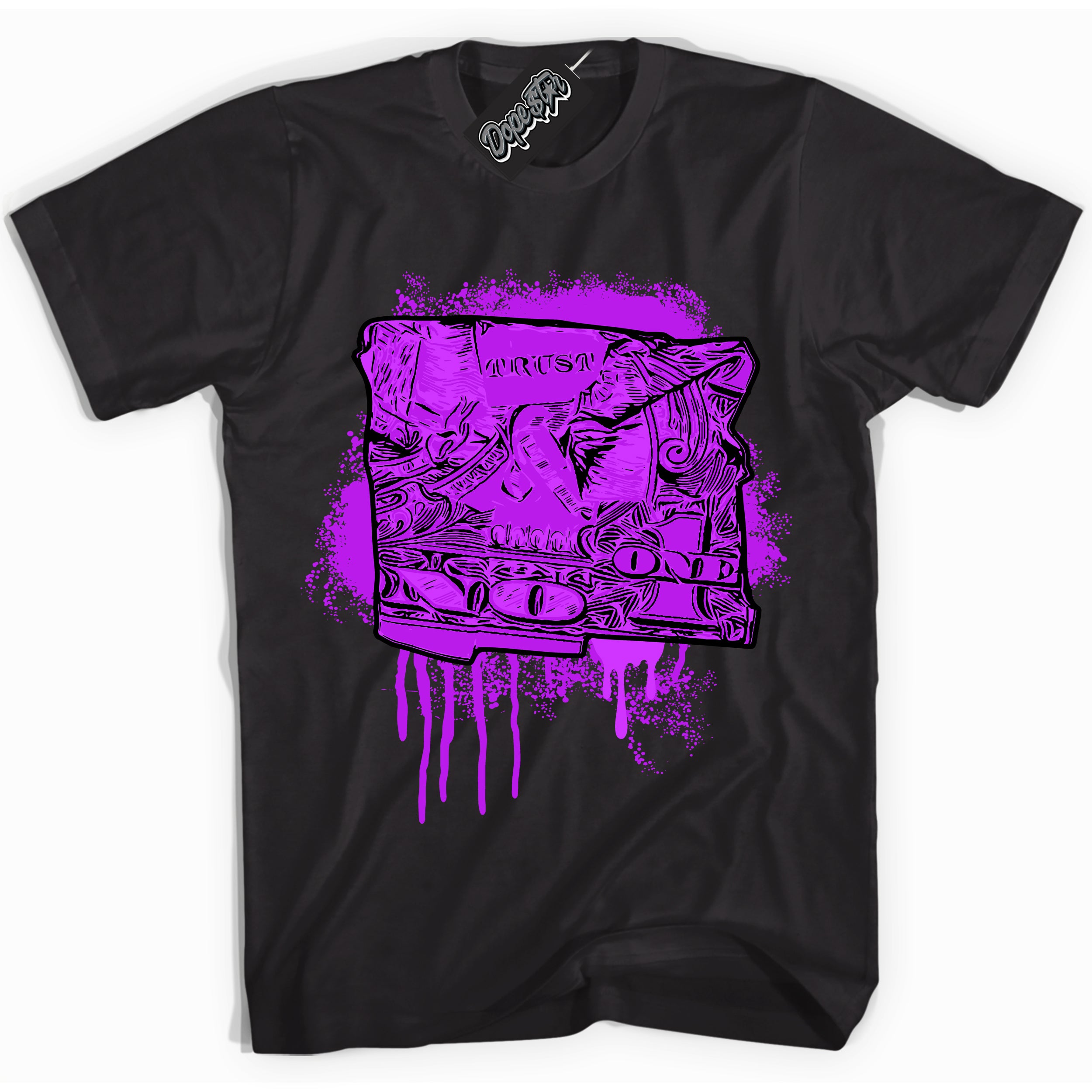Cool Black Shirt with “ Trust No One Dollar” design that perfectly matches RTKT Genesis Dunk Sneakers.