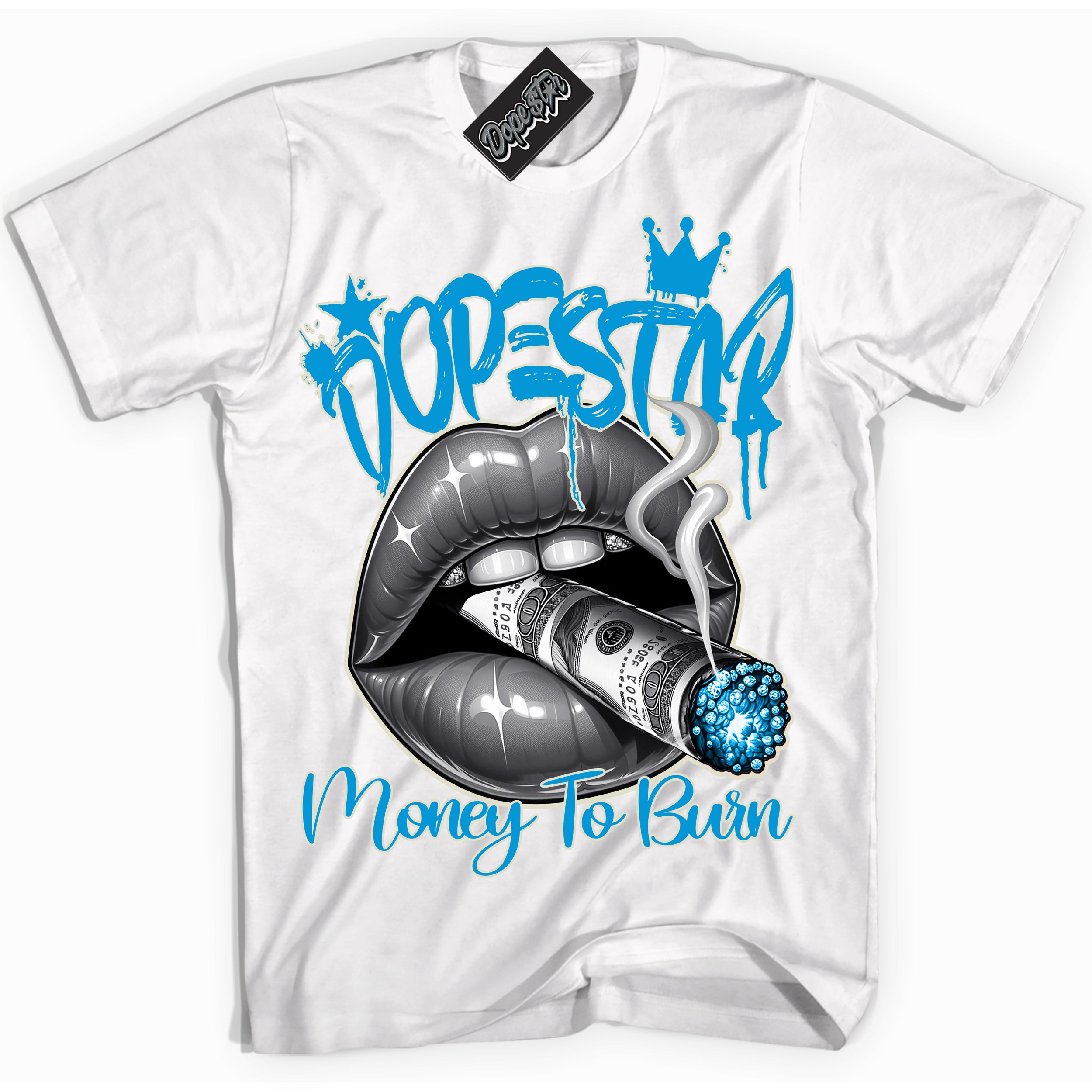 Dunk High Next Nature Light Khaki Star Blue 'Money To Burn' Shirt – White Streetwear T-Shirt | Sneaker Matching Tee for Dunk High Next Nature Light Khaki Star Blue | Urban Fashion for Money To Burn | Men's & Women's Streetwear Outfit by Sneaker Shirts Outlet.
