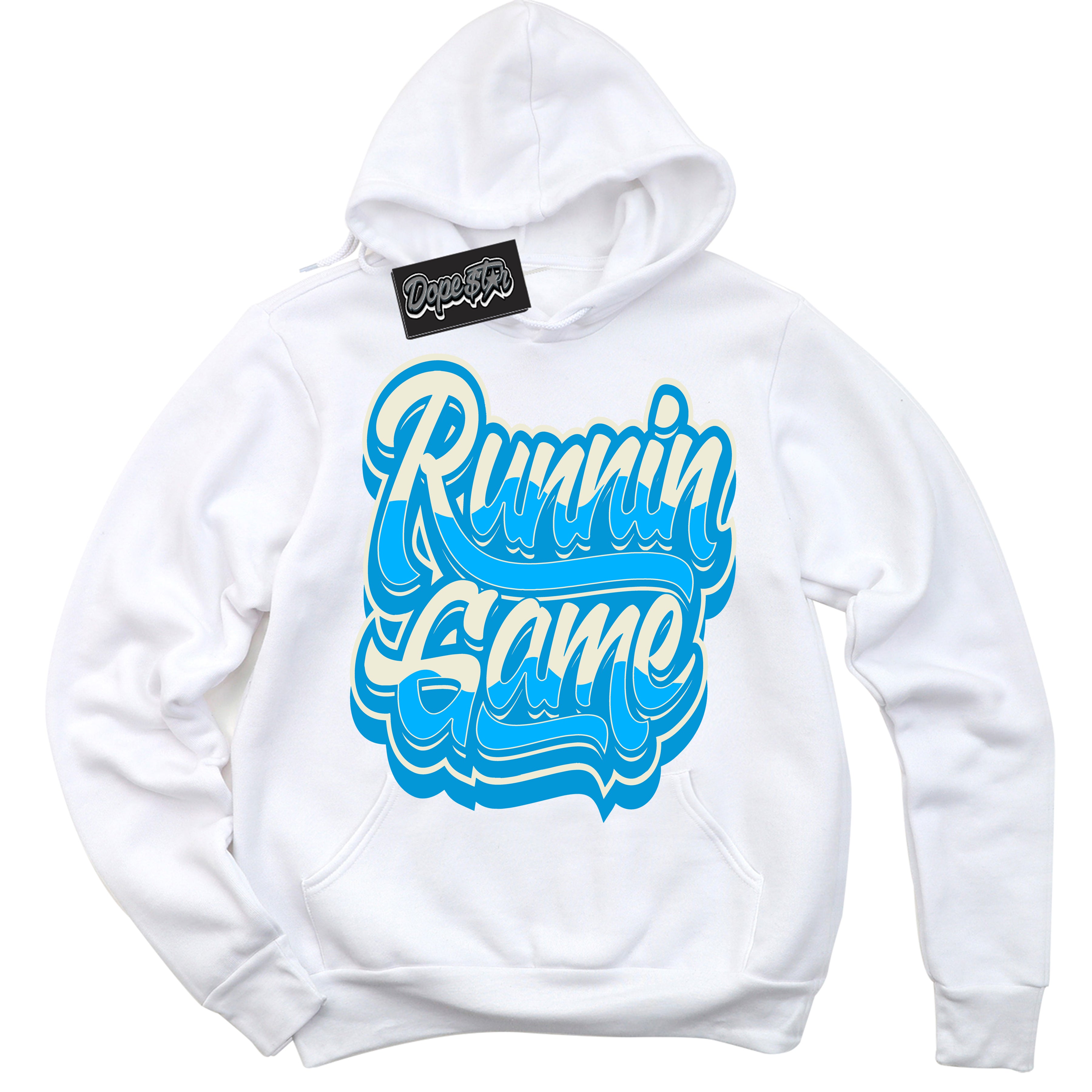 Dunk High Next Nature Light Khaki Star Blue 'Running Game' Hoodie – White Streetwear Sweatshirt | Sneaker Matching Hoodie for Dunk High Next Nature Light Khaki Star Blue | Urban Fashion for Running Game | Men's & Women's Streetwear Outfit by Sneaker Shirts Outlet.
