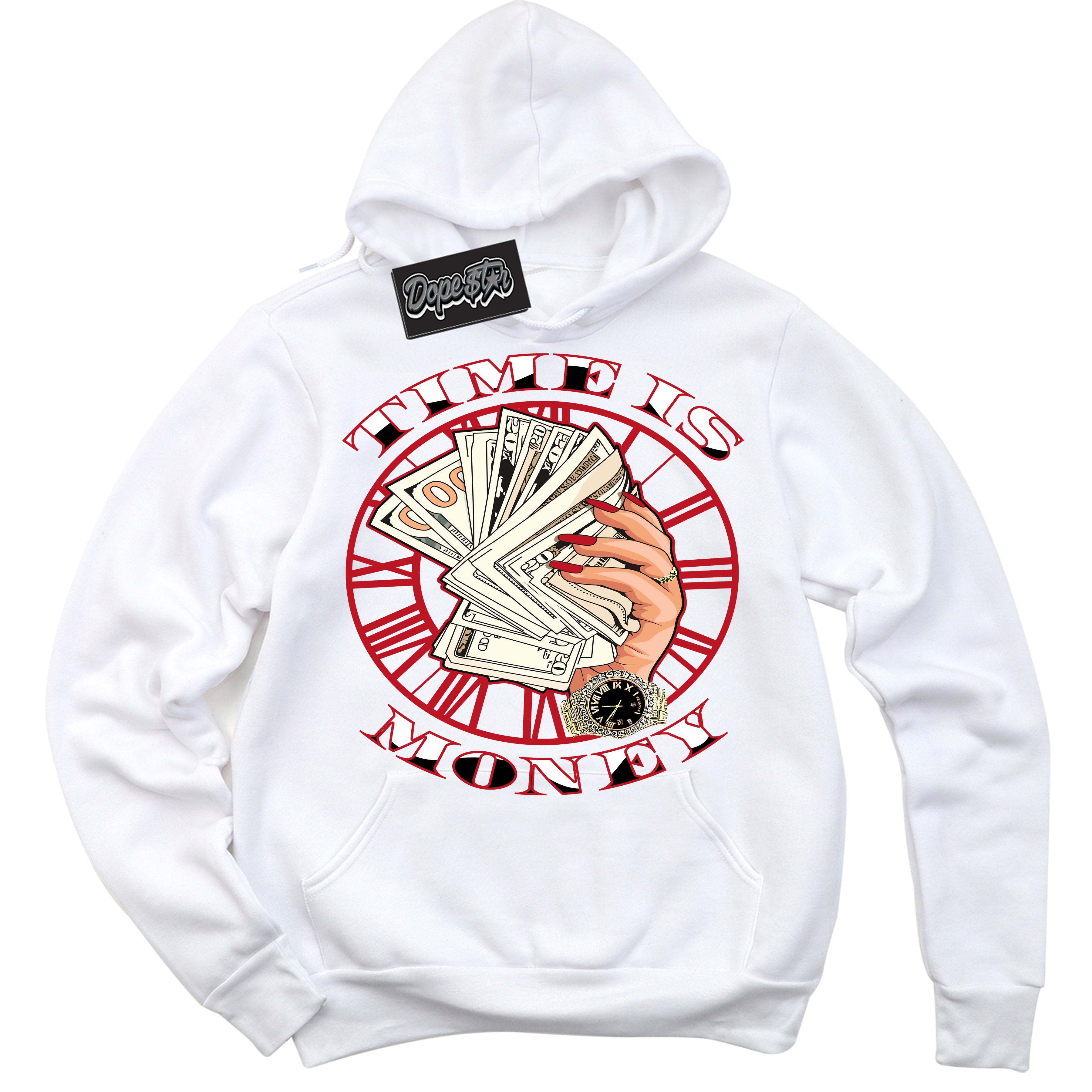 Cool White Hoodie with “ Time Is Money ”  design that Perfectly Matches Black Dragon Red Dunk.

