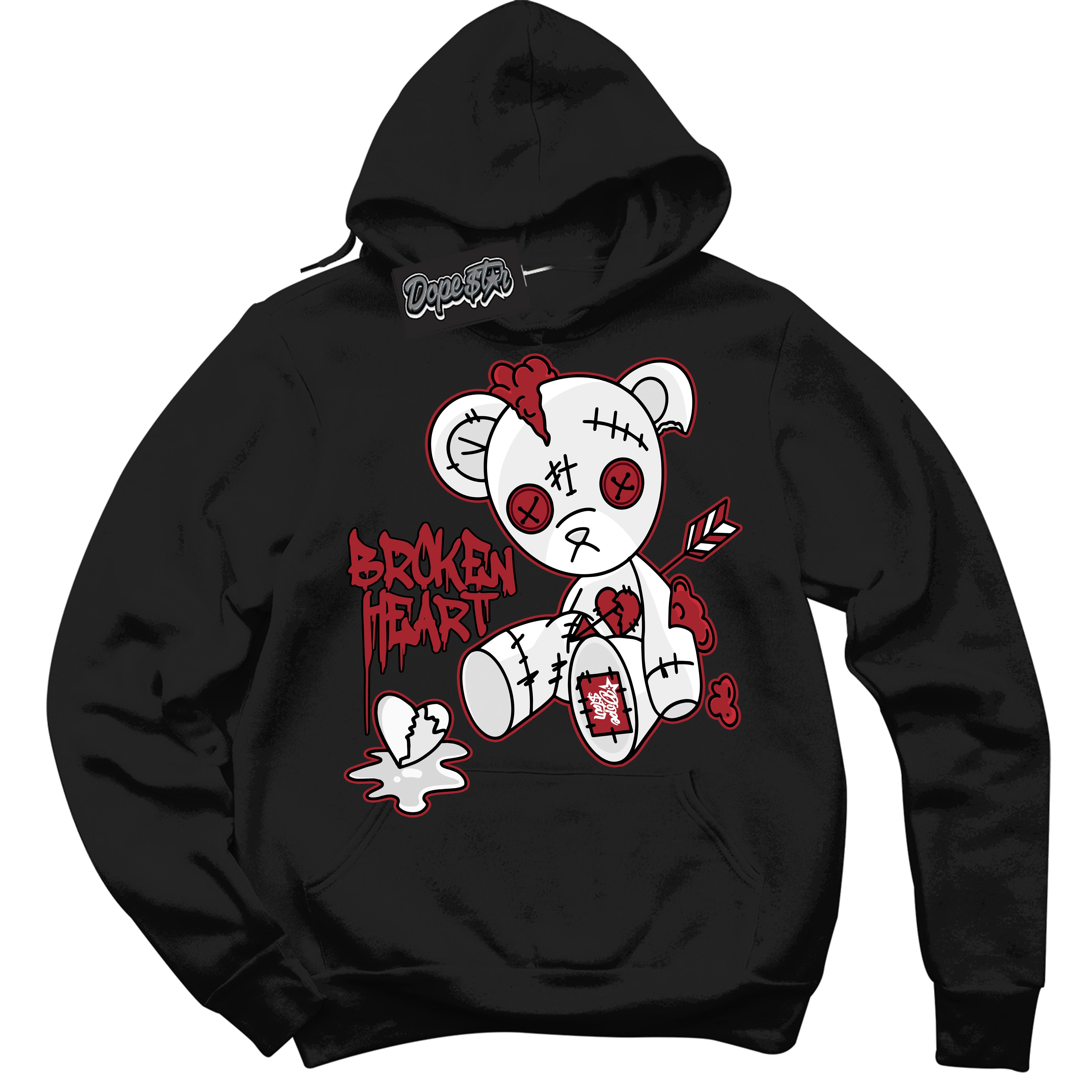 Dunk Low Black Toe Bright Crimson 'Broken Heart Bear' Hoodie – Black Streetwear Sweatshirt | Sneaker Matching Hoodie for Dunk Low Black Toe Bright Crimson | Men's & Women's Streetwear Outfit by Sneaker Shirts Outlet.
