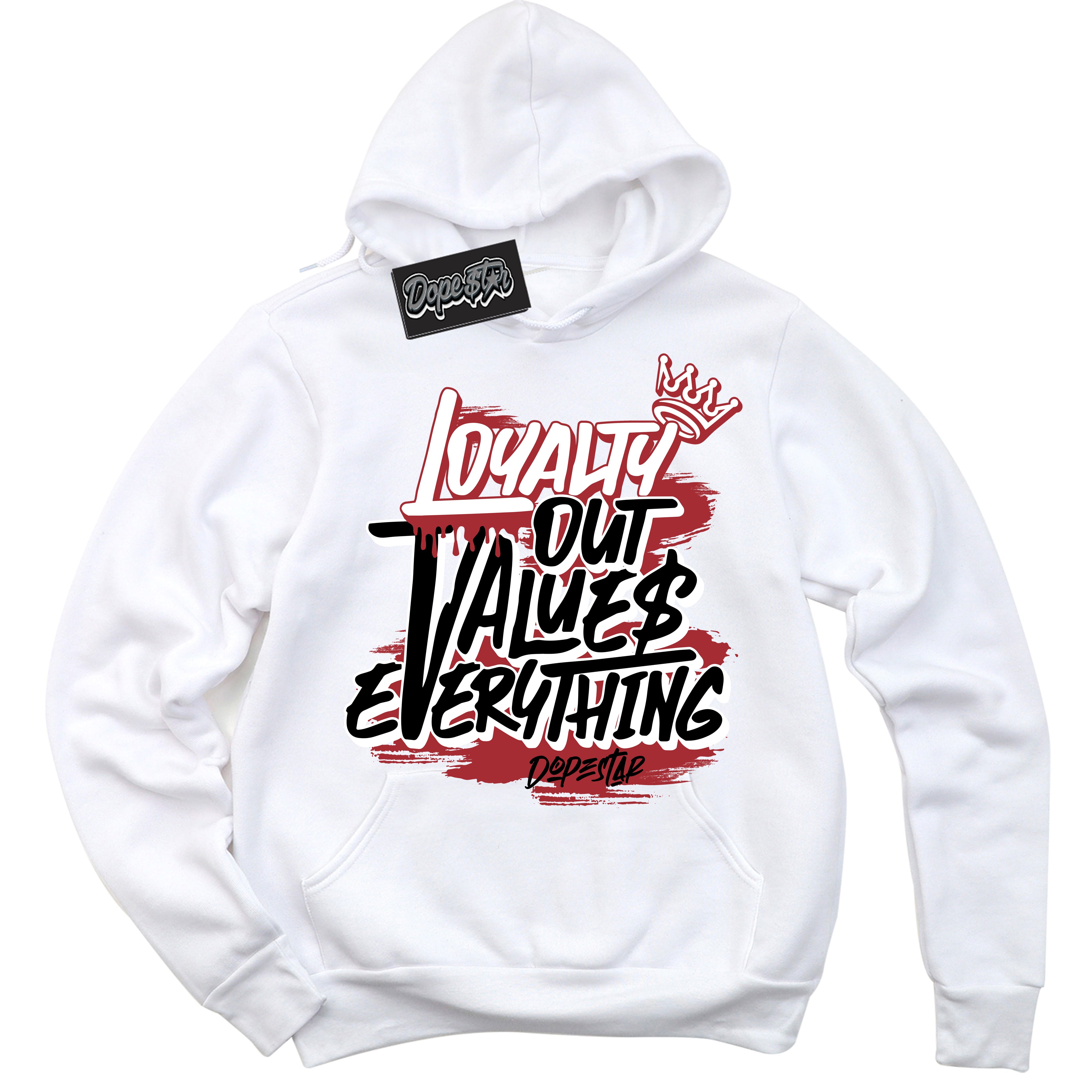 Dunk Low Black Toe Bright Crimson 'Loyalty Out Values Everything' Hoodie – White Streetwear Sweatshirt | Sneaker Matching Hoodie for Dunk Low Black Toe Bright Crimson | Men's & Women's Streetwear Outfit by Sneaker Shirts Outlet.

