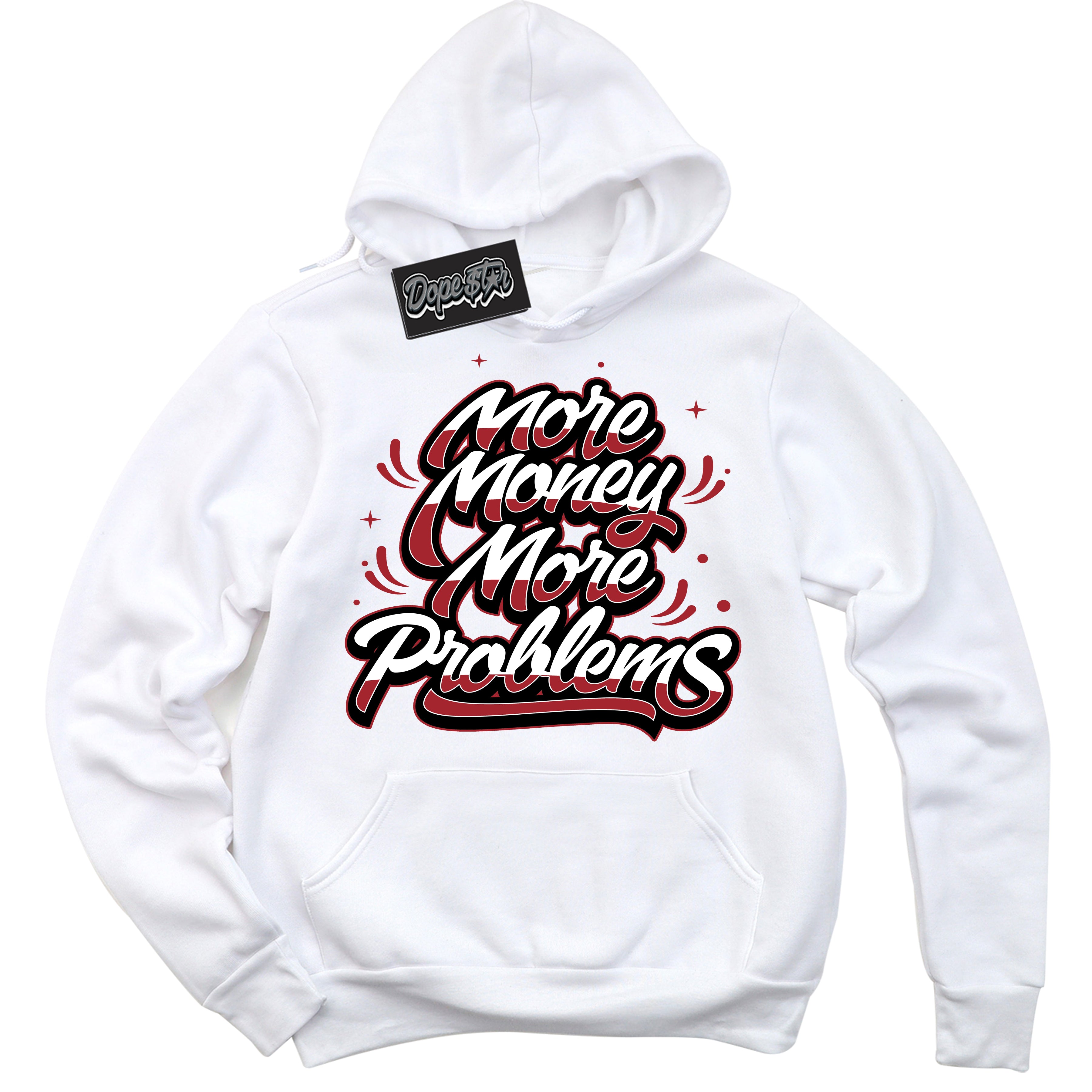 Dunk Low Black Toe Bright Crimson 'More Money More Problems' Hoodie – White Streetwear Sweatshirt | Sneaker Matching Hoodie for Dunk Low Black Toe Bright Crimson | Men's & Women's Streetwear Outfit by Sneaker Shirts Outlet.

