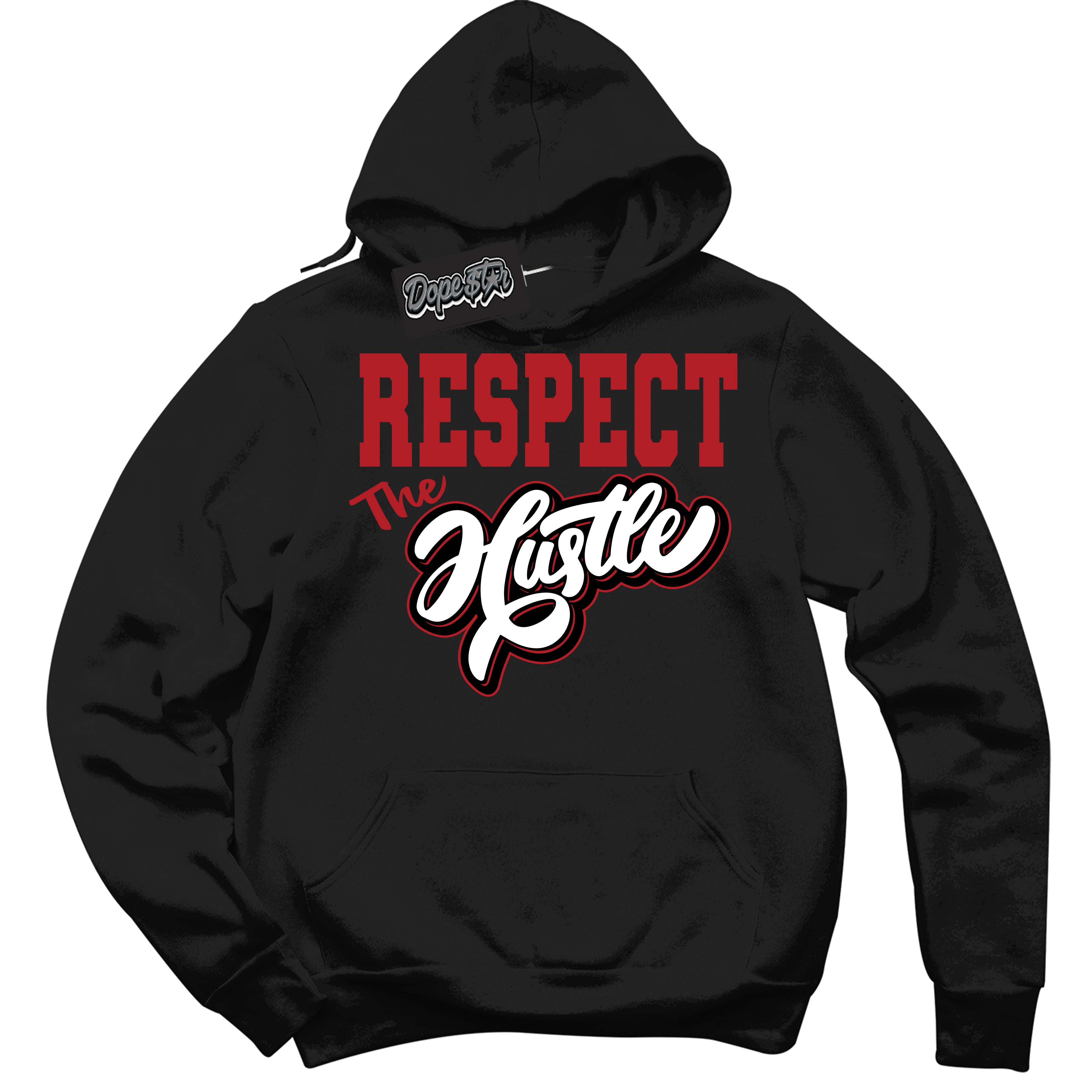 Dunk Low Black Toe Bright Crimson 'Respect The Hustle' Hoodie – Black Streetwear Sweatshirt | Sneaker Matching Hoodie for Dunk Low Black Toe Bright Crimson | Men's & Women's Streetwear Outfit by Sneaker Shirts Outlet.
