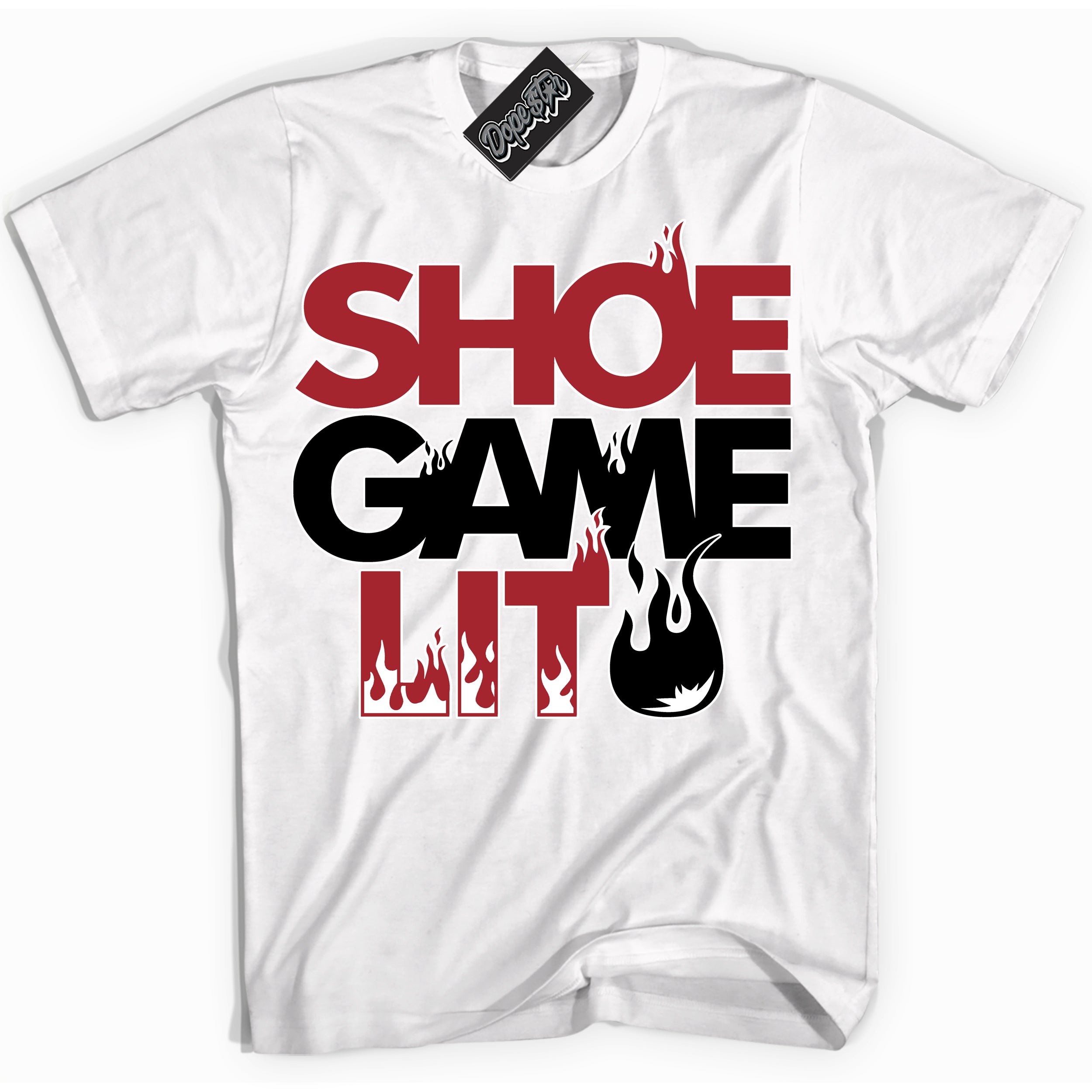 Dunk Low Black Toe Bright Crimson 'Shoe Game Lit' Shirt – White Streetwear T-Shirt | Sneaker Matching Tee for Dunk Low Black Toe Bright Crimson | Men's & Women's Streetwear Outfit by Sneaker Shirts Outlet.
