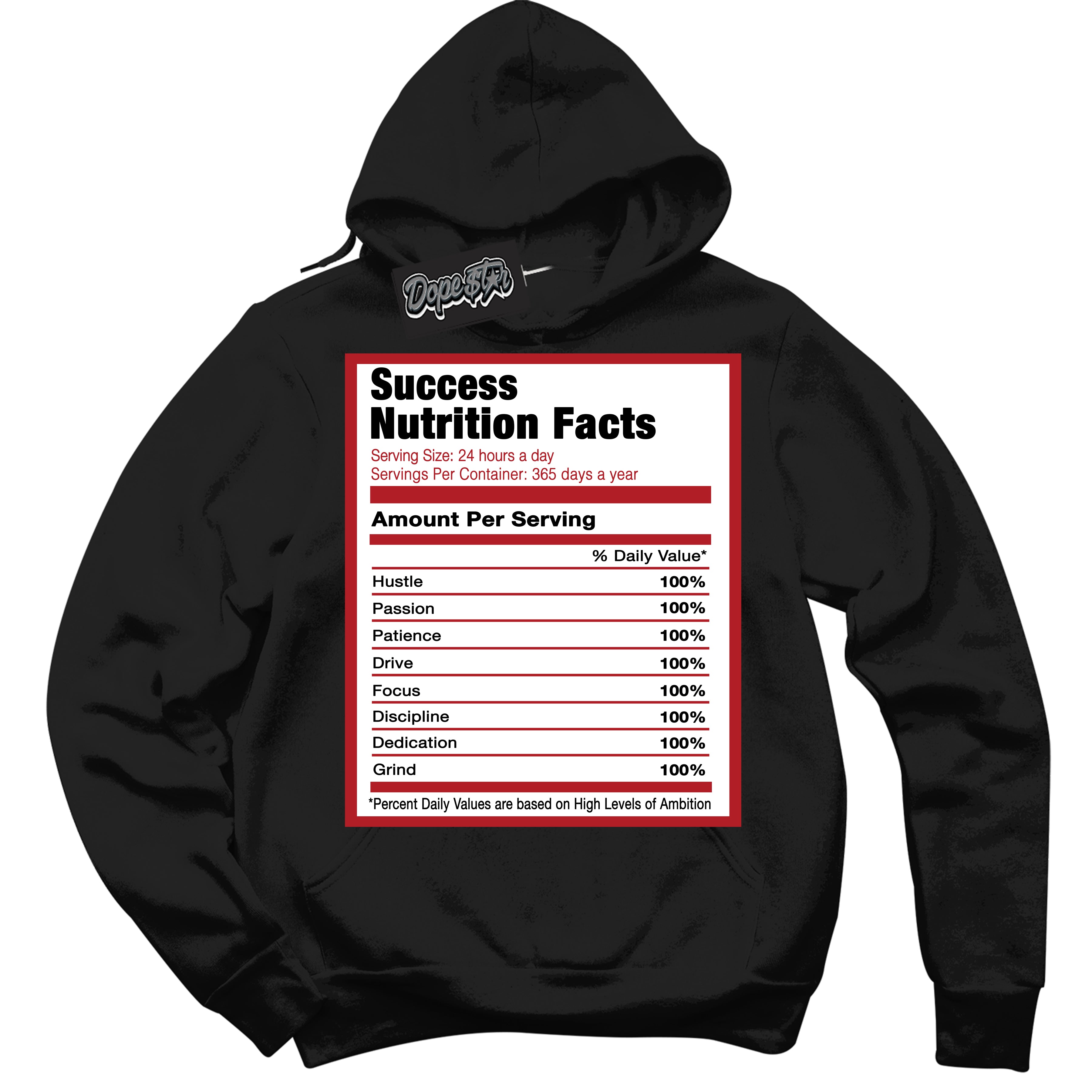 Dunk Low Black Toe Bright Crimson 'Success Nutrition' Hoodie – Black Streetwear Sweatshirt | Sneaker Matching Hoodie for Dunk Low Black Toe Bright Crimson | Men's & Women's Streetwear Outfit by Sneaker Shirts Outlet.