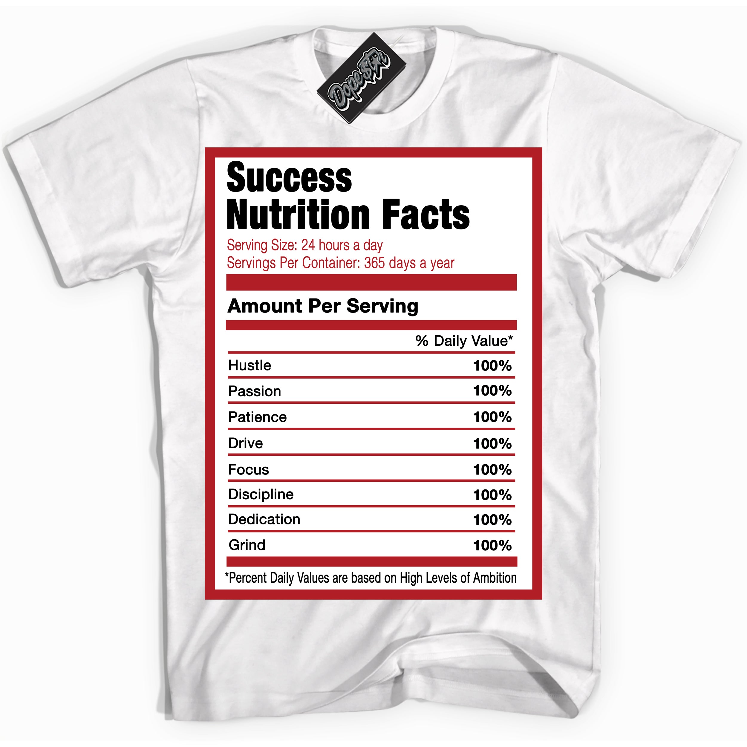 Dunk Low Black Toe Bright Crimson 'Success Nutrition' Shirt – White Streetwear T-Shirt | Sneaker Matching Tee for Dunk Low Black Toe Bright Crimson | Men's & Women's Streetwear Outfit by Sneaker Shirts Outlet.
