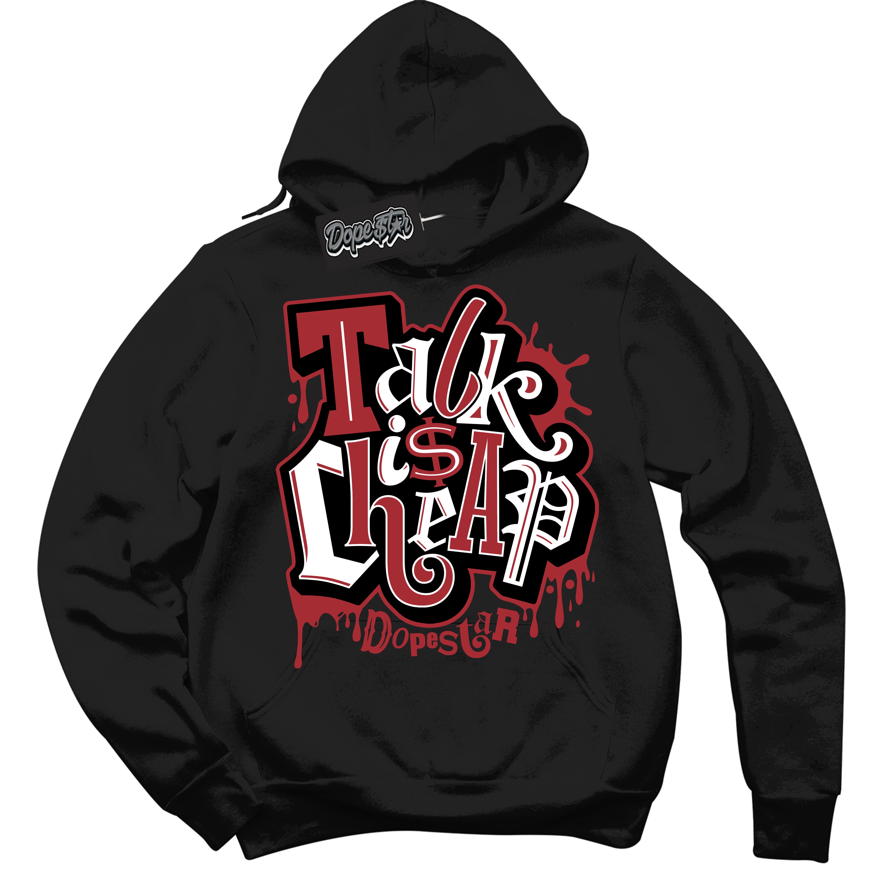 Dunk Low Black Toe Bright Crimson 'Talk Is Cheap' Hoodie – Black Streetwear Sweatshirt | Sneaker Matching Hoodie for Dunk Low Black Toe Bright Crimson | Men's & Women's Streetwear Outfit by Sneaker Shirts Outlet.
