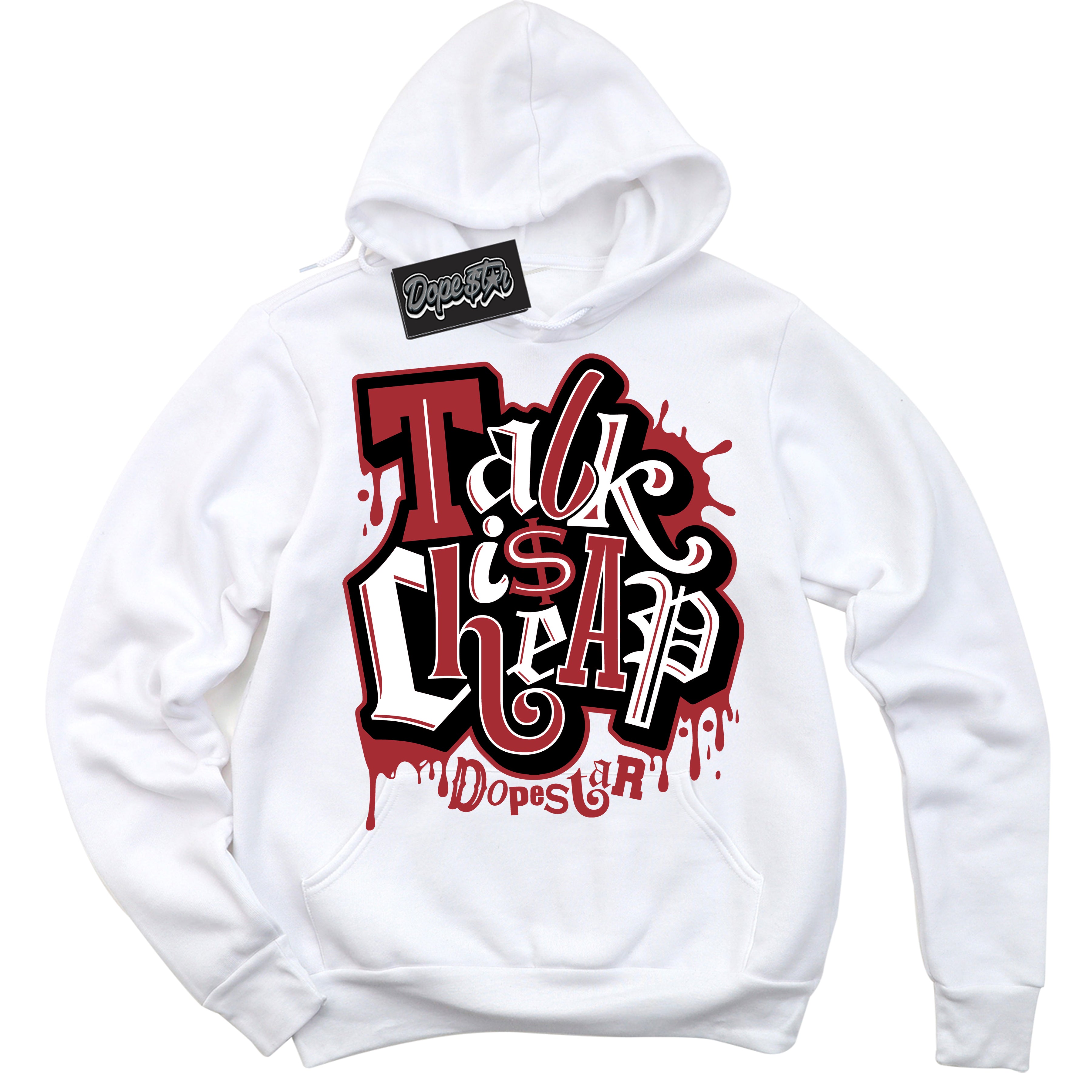 Dunk Low Black Toe Bright Crimson 'Talk Is Cheap' Hoodie – White Streetwear Sweatshirt | Sneaker Matching Hoodie for Dunk Low Black Toe Bright Crimson | Men's & Women's Streetwear Outfit by Sneaker Shirts Outlet.
