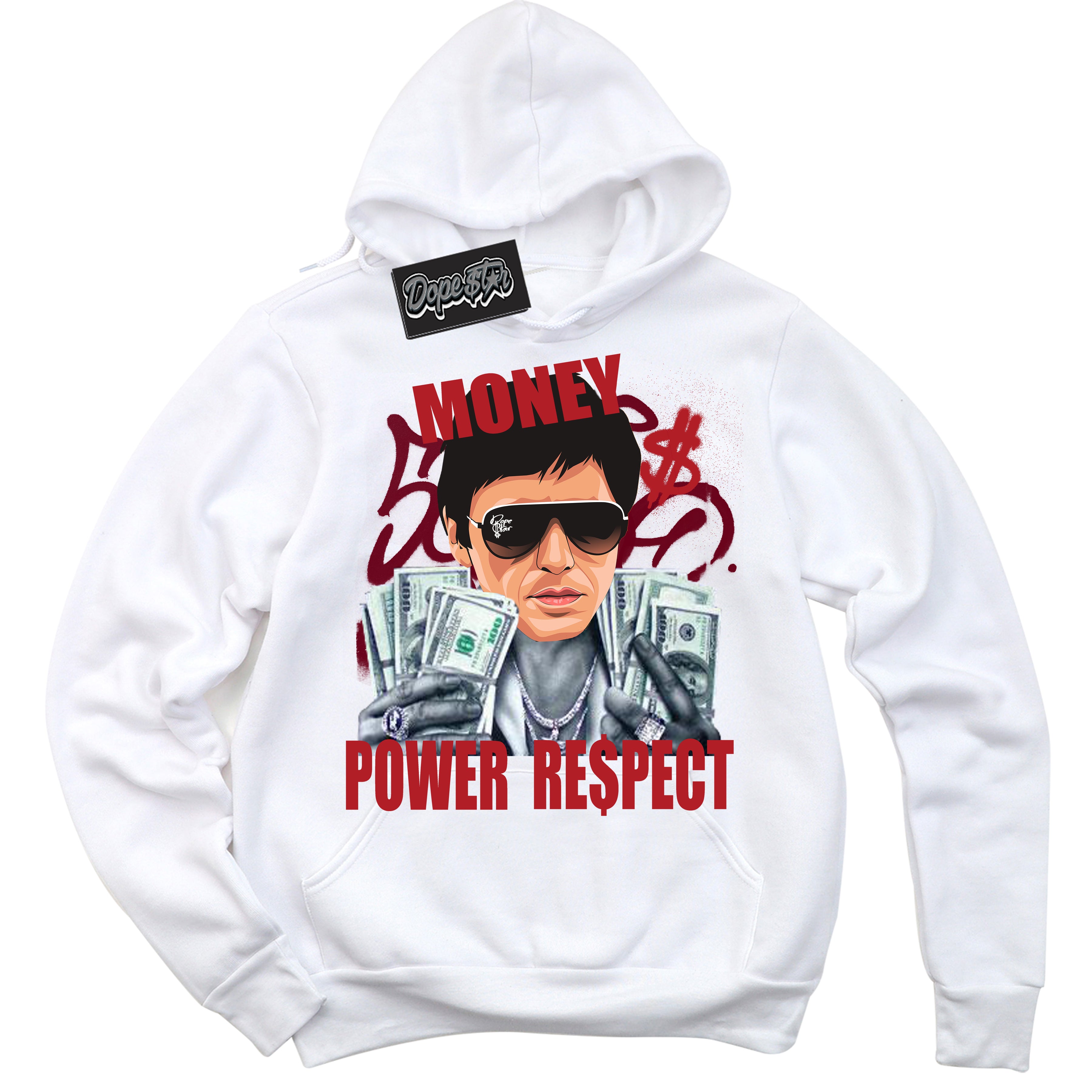 Dunk Low Black Toe Bright Crimson 'Tony Montana' Hoodie – White Streetwear Sweatshirt | Sneaker Matching Hoodie for Dunk Low Black Toe Bright Crimson | Men's & Women's Streetwear Outfit by Sneaker Shirts Outlet.

