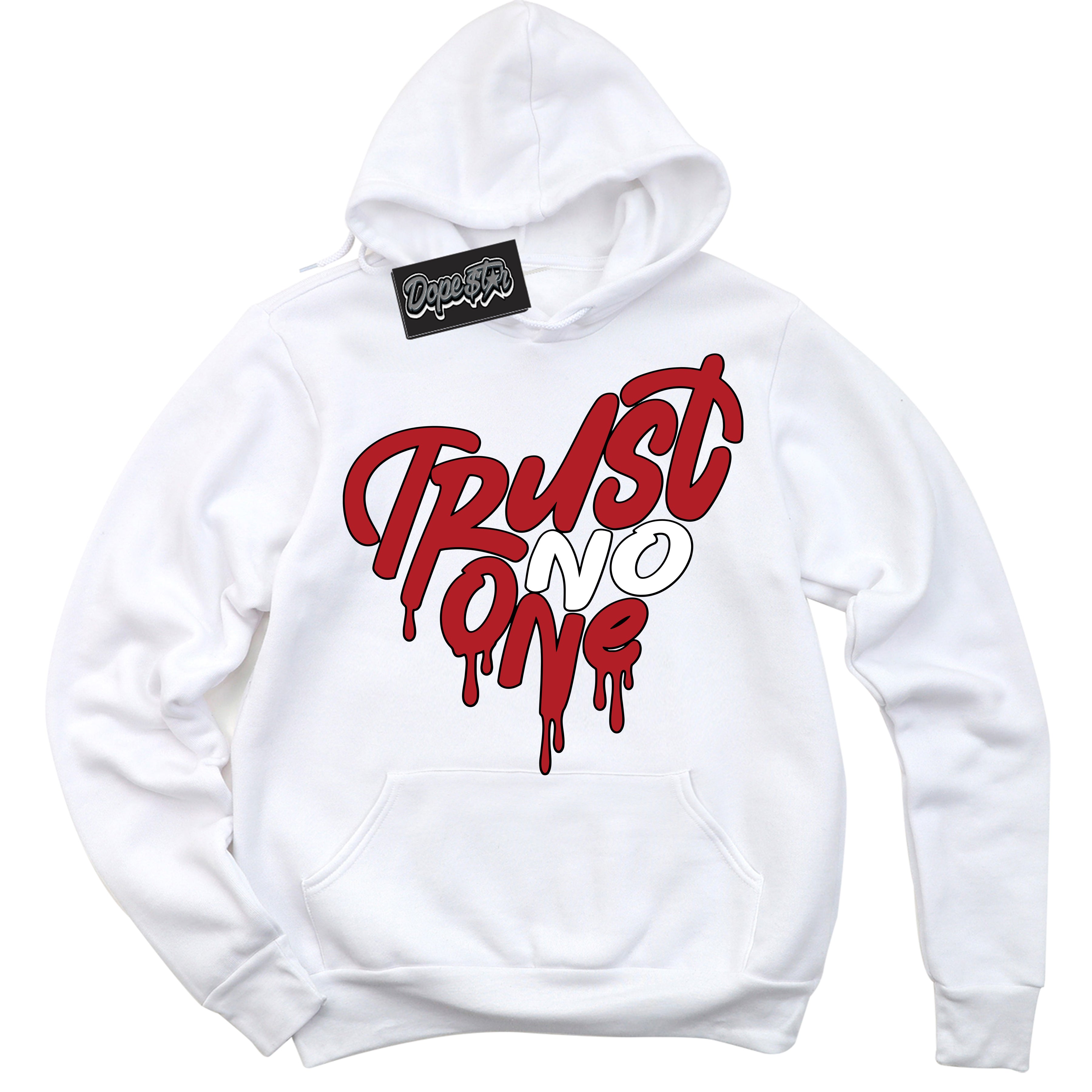 Dunk Low Black Toe Bright Crimson 'Trust No One Heart' Hoodie – White Streetwear Sweatshirt | Sneaker Matching Hoodie for Dunk Low Black Toe Bright Crimson | Men's & Women's Streetwear Outfit by Sneaker Shirts Outlet.
