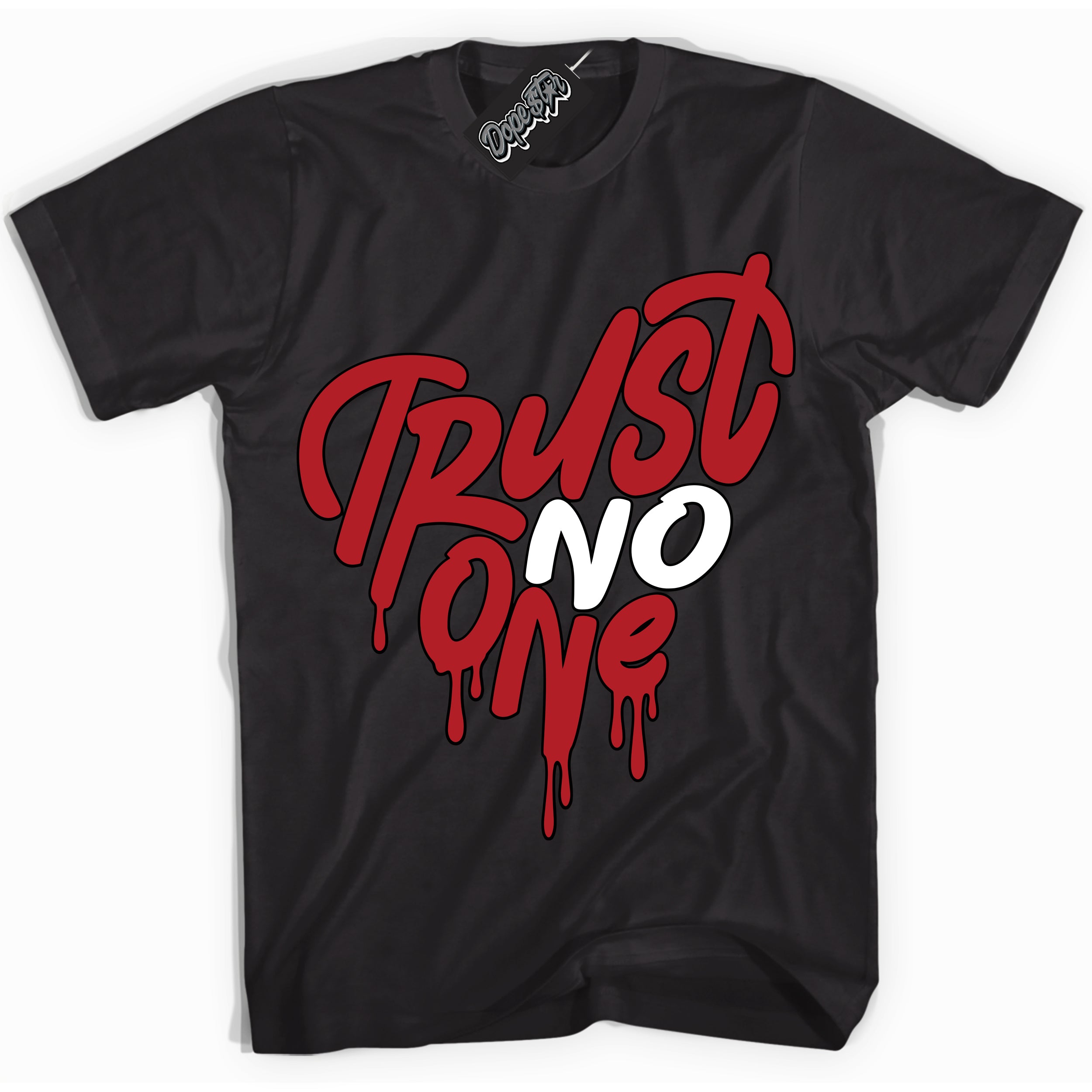 Dunk Low Black Toe Bright Crimson 'Trust No One Heart' Shirt – Black Streetwear T-Shirt | Sneaker Matching Tee for Dunk Low Black Toe Bright Crimson | Men's & Women's Streetwear Outfit by Sneaker Shirts Outlet.
