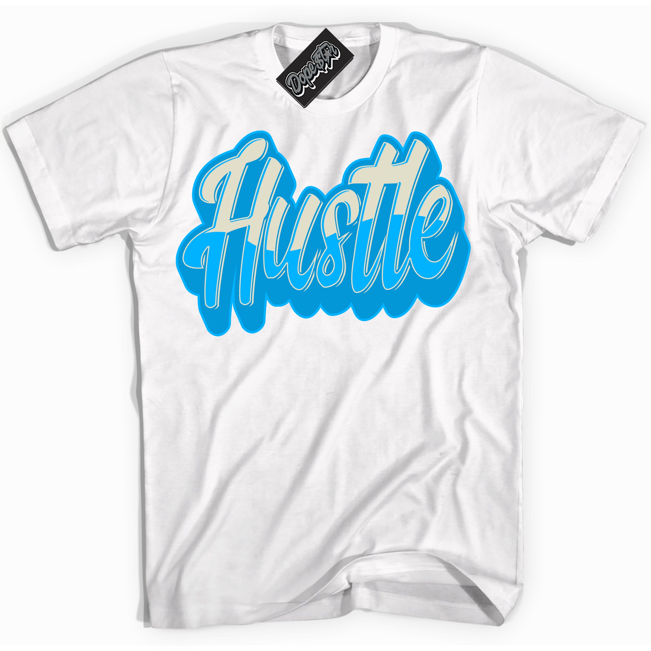 Dunk Low Coconut Milk University Blue 'Hustle' Shirt – White Streetwear T-Shirt | Sneaker Matching Tee for Dunk Low Coconut Milk University Blue | Urban Fashion for Hustle | Men's & Women's Streetwear Outfit by Sneaker Shirts Outlet.