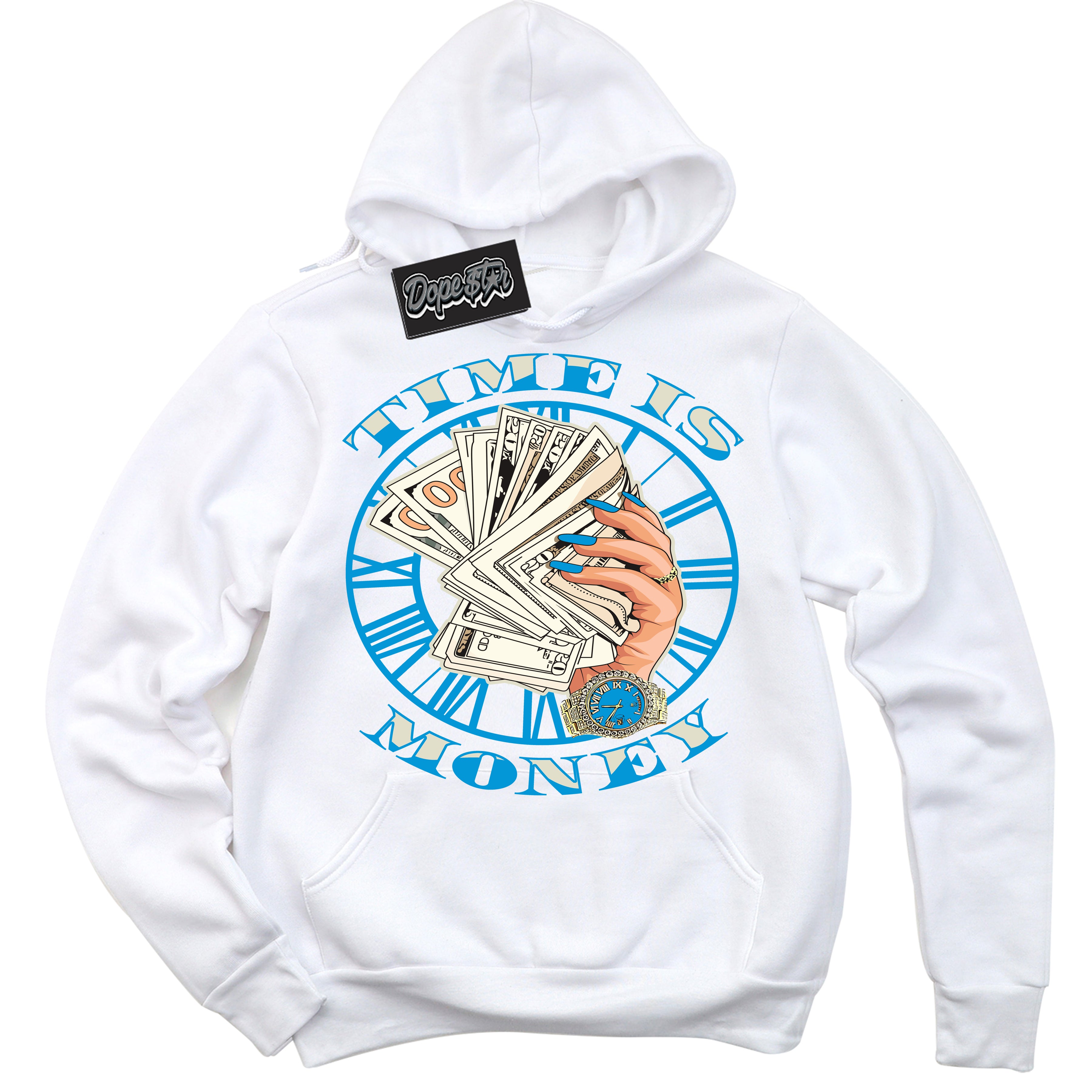 Dunk Low Coconut Milk University Blue 'Time Is Money' Hoodie – White Streetwear Sweatshirt | Sneaker Matching Hoodie for Dunk Low Coconut Milk University Blue | Urban Fashion for Sneakerheads | Men's & Women's Streetwear Outfit by Sneaker Shirts Outlet.
