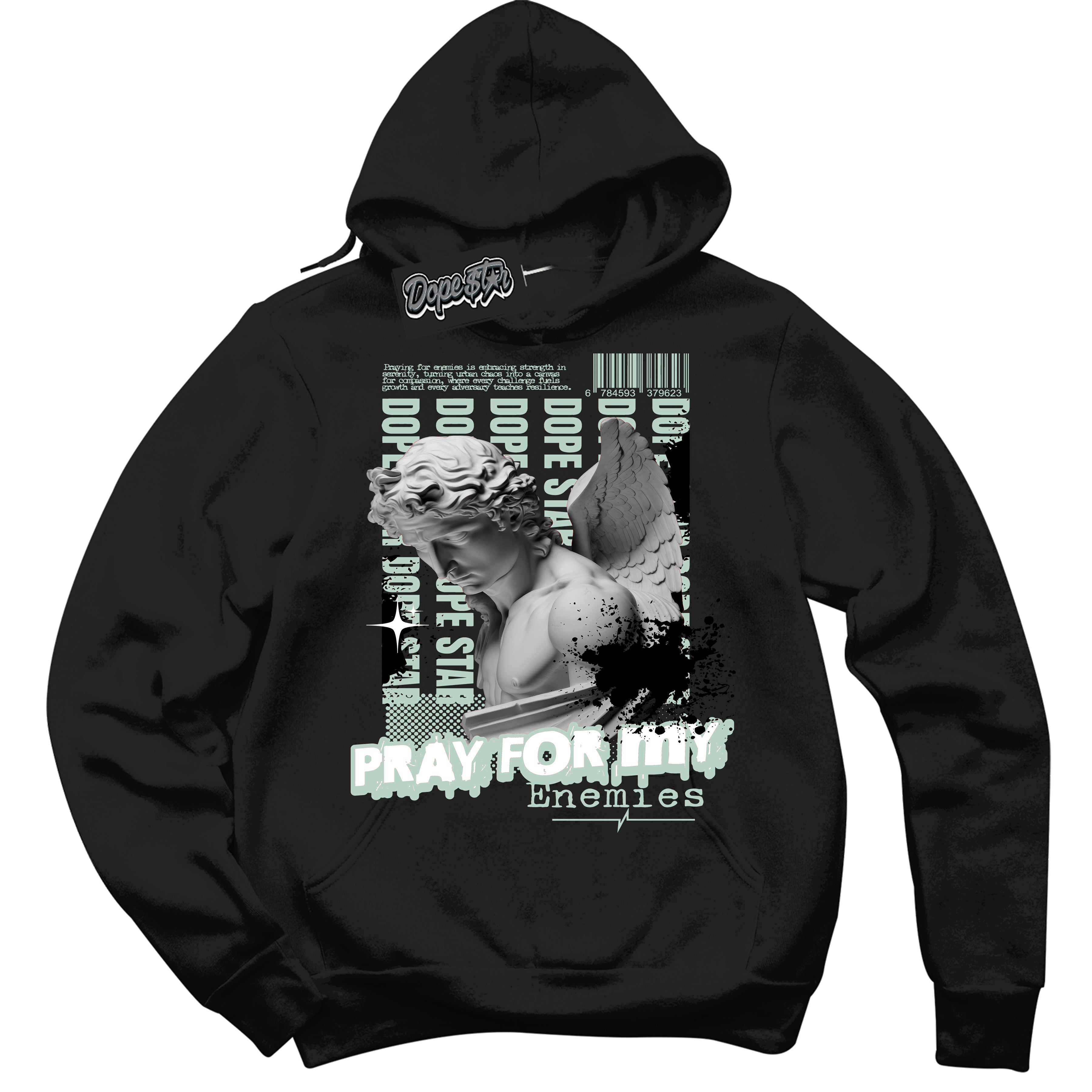 Cool Black Hoodie with “ Pray Enemies ”  design that Perfectly Matches Dark Smoke Grey Barely Green Sneakers.
