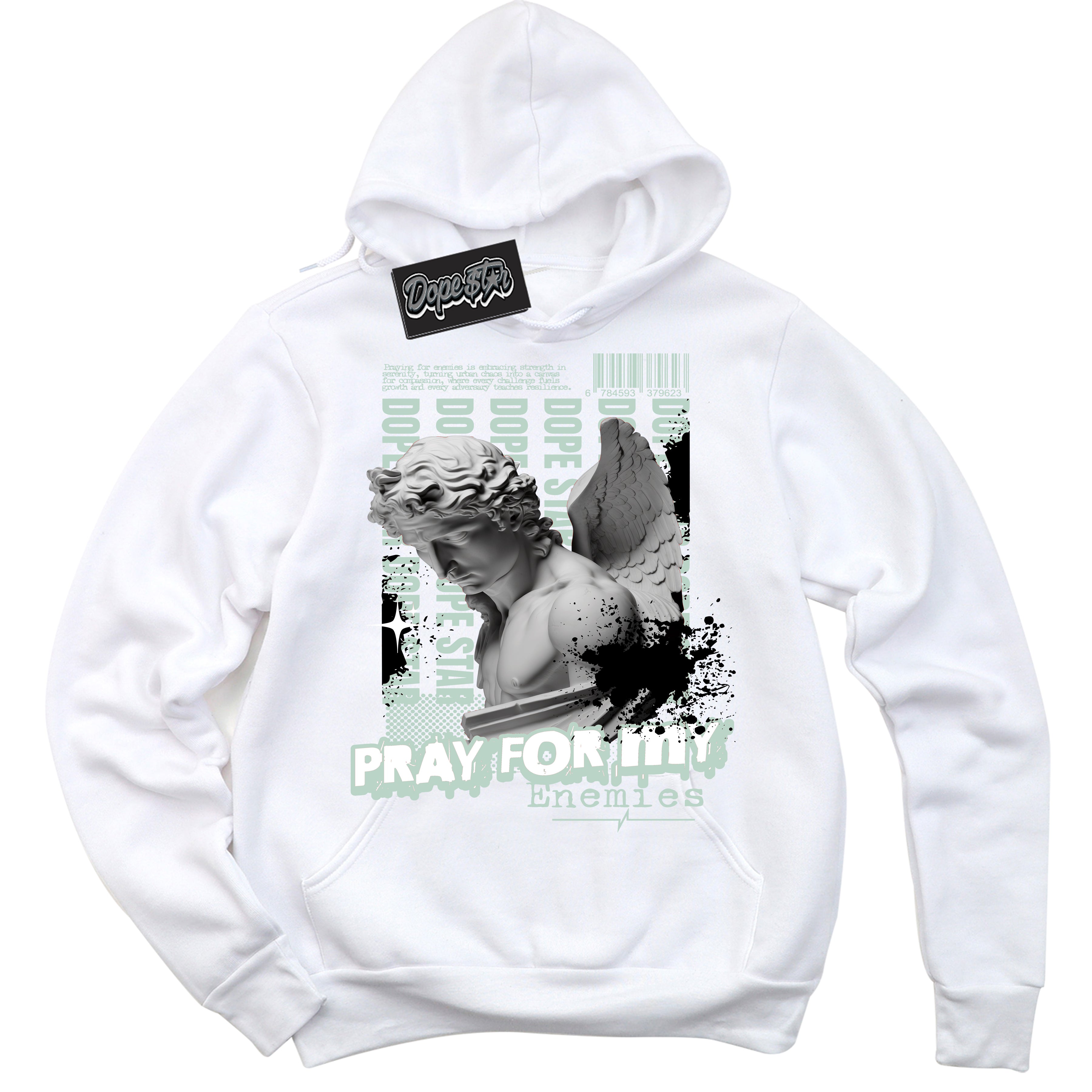 Cool White Hoodie with “ Pray Enemies ”  design that Perfectly Matches Dark Smoke Grey Barely Green Sneakers.