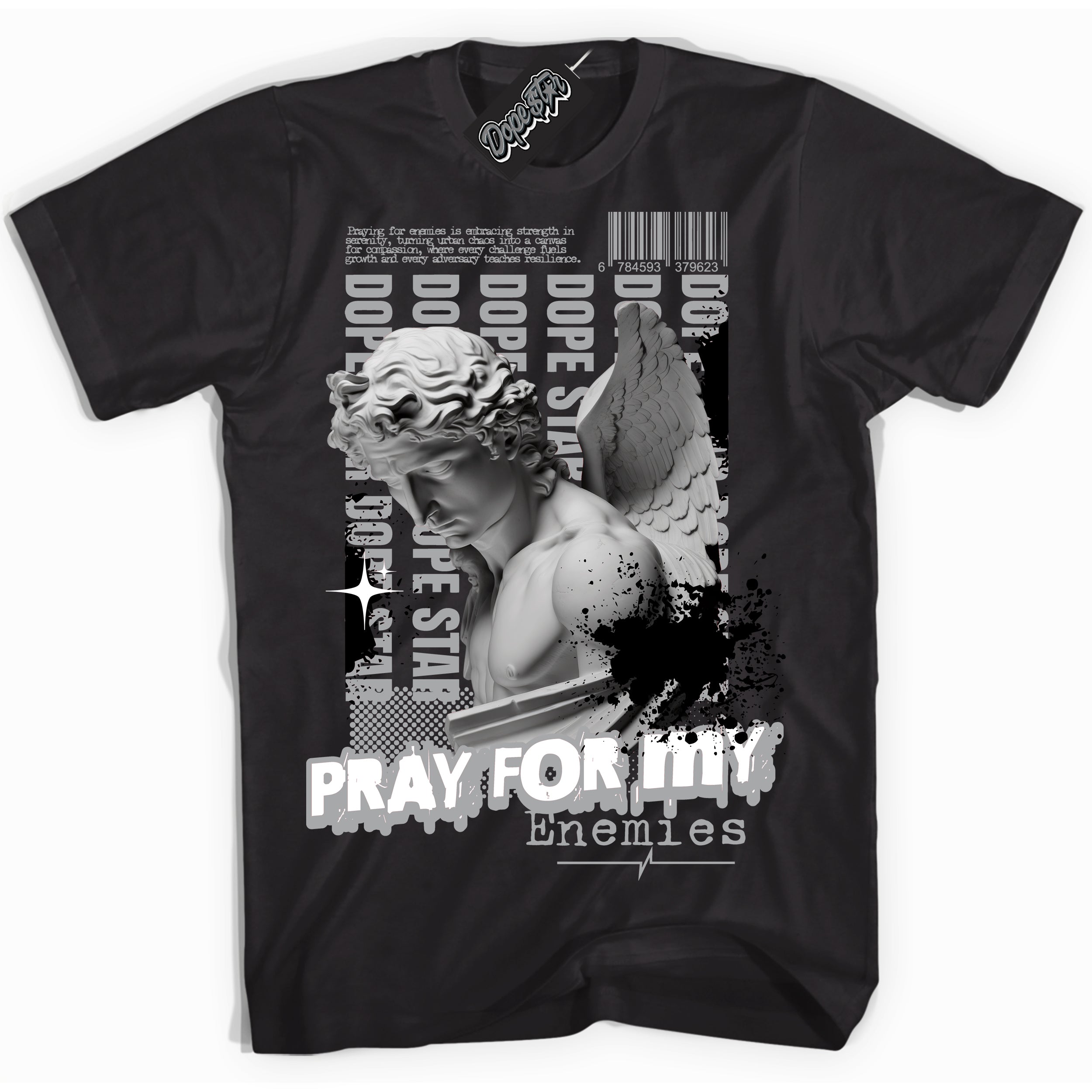 Cool Black Shirt with “ Pray Enemies” design that perfectly matches Lottery Pack Grey Fog Sneakers.