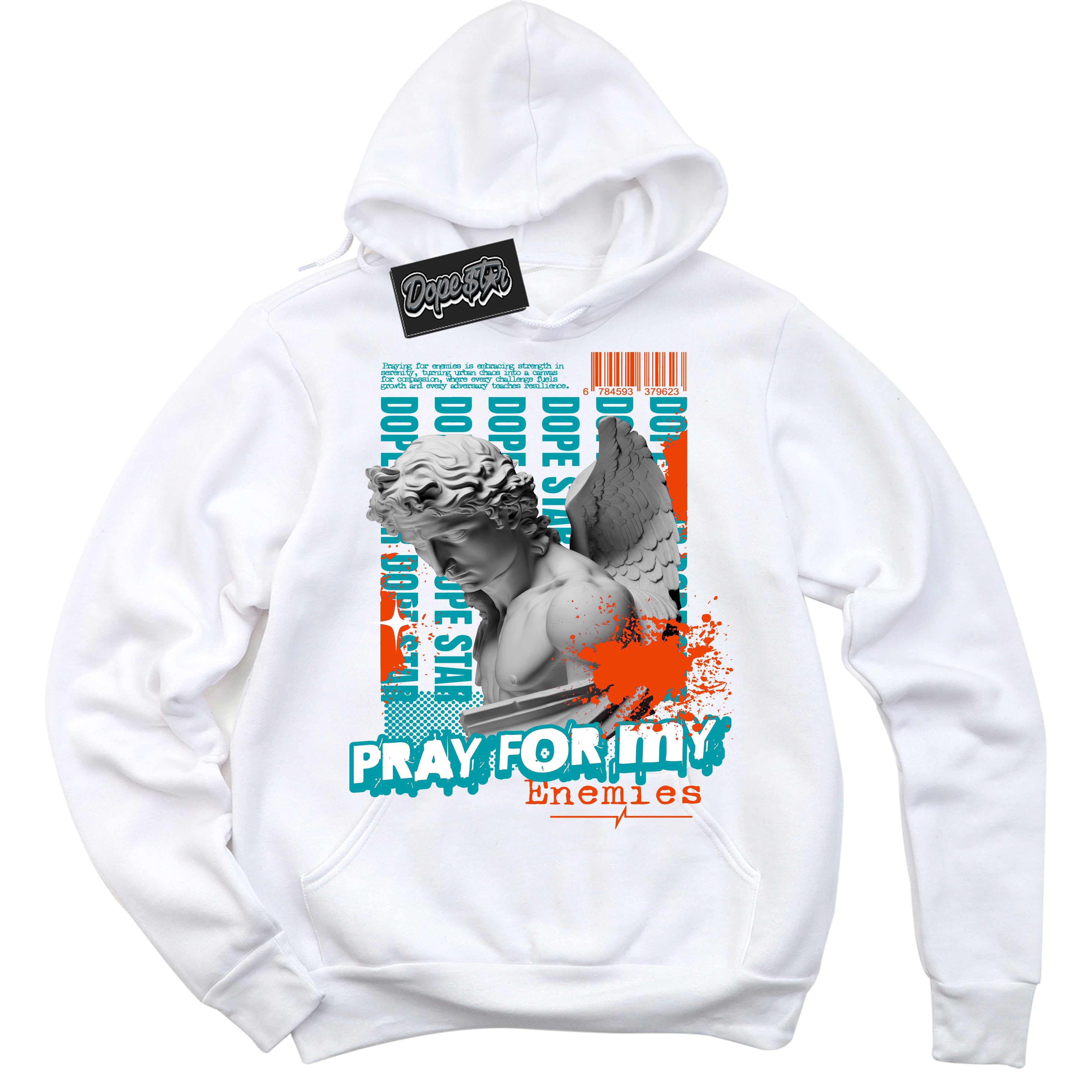 Cool White Hoodie with “ Pray Enemies ”  design that Perfectly Matches Miami Dolphins Sneakers.