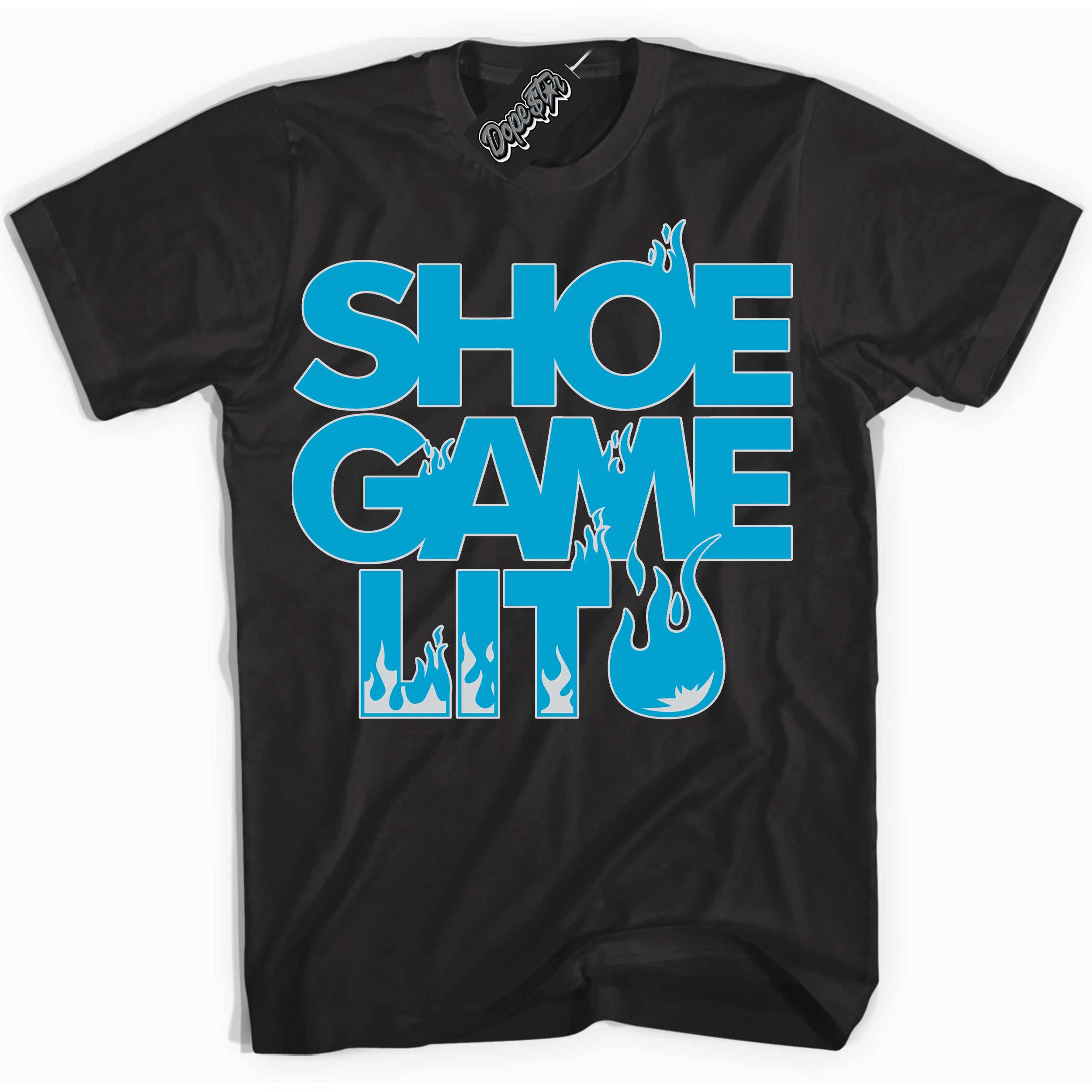 Cool Black Shirt with “ Shoe Game Lit ” design that perfectly matches Pure Platinum Blue Lightning Sneakers.