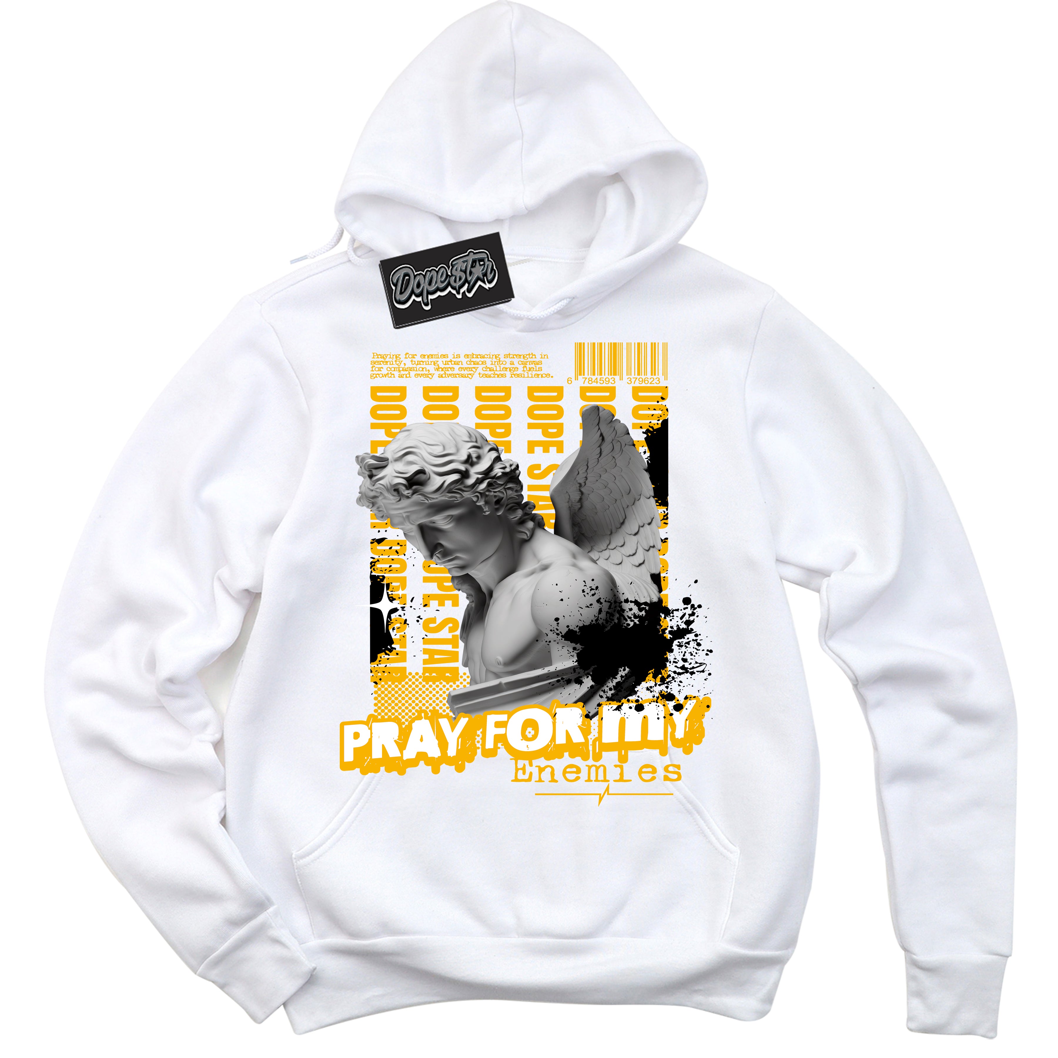 Cool White Hoodie with “ Pray Enemies ”  design that Perfectly Matches Reverse Goldenrod Sneakers.