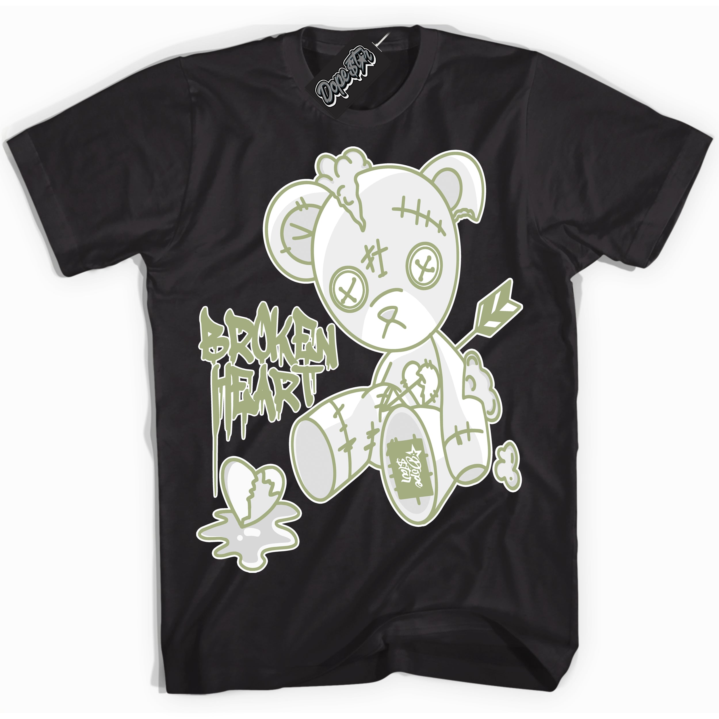Cool Black Shirt with “ Broken Heart Bear ” design that perfectly matches Safari Oil Green Dunk.
