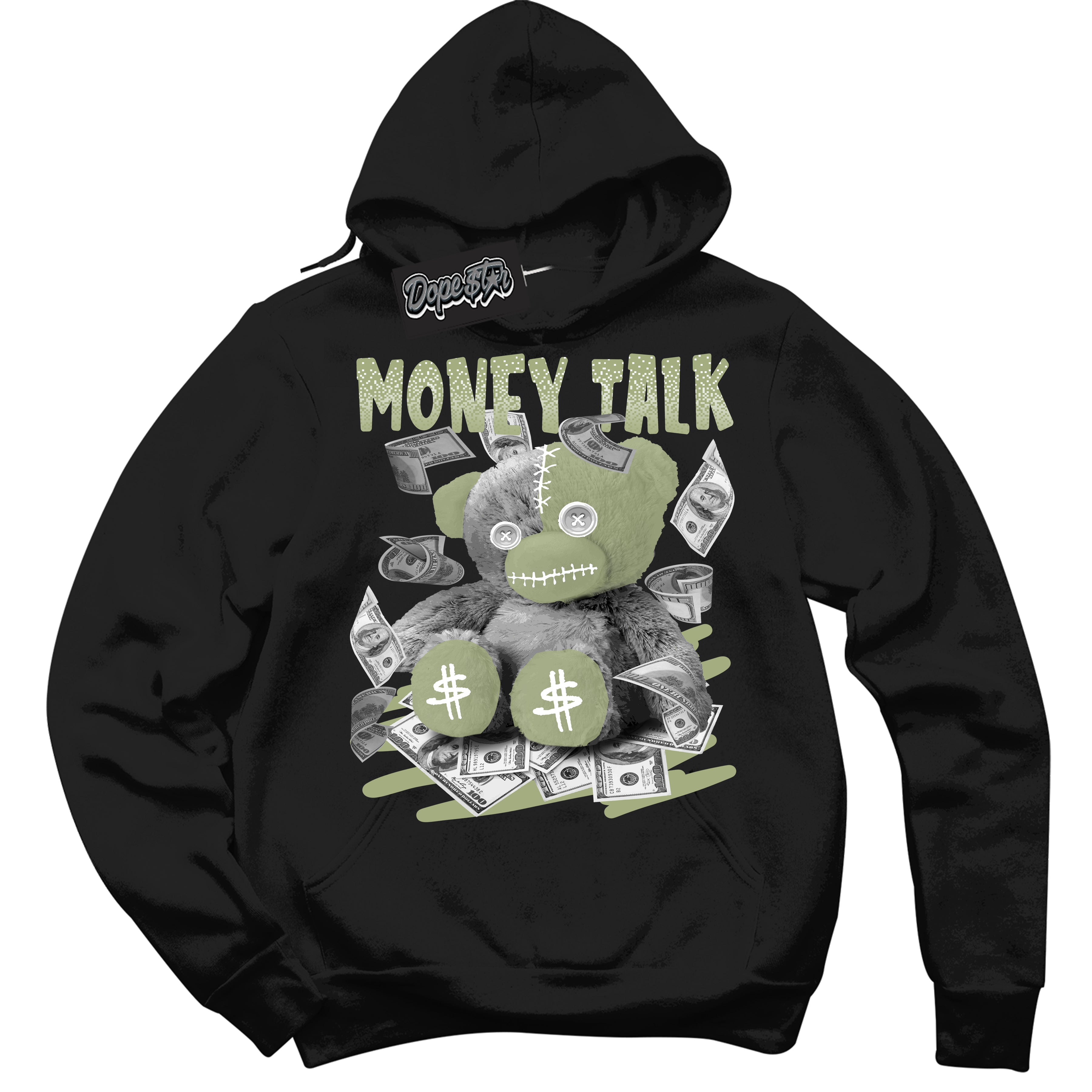 Cool Black Hoodie with “ Money Talk Bear ”  design that Perfectly Matches Safari Oil Green Dunk.
