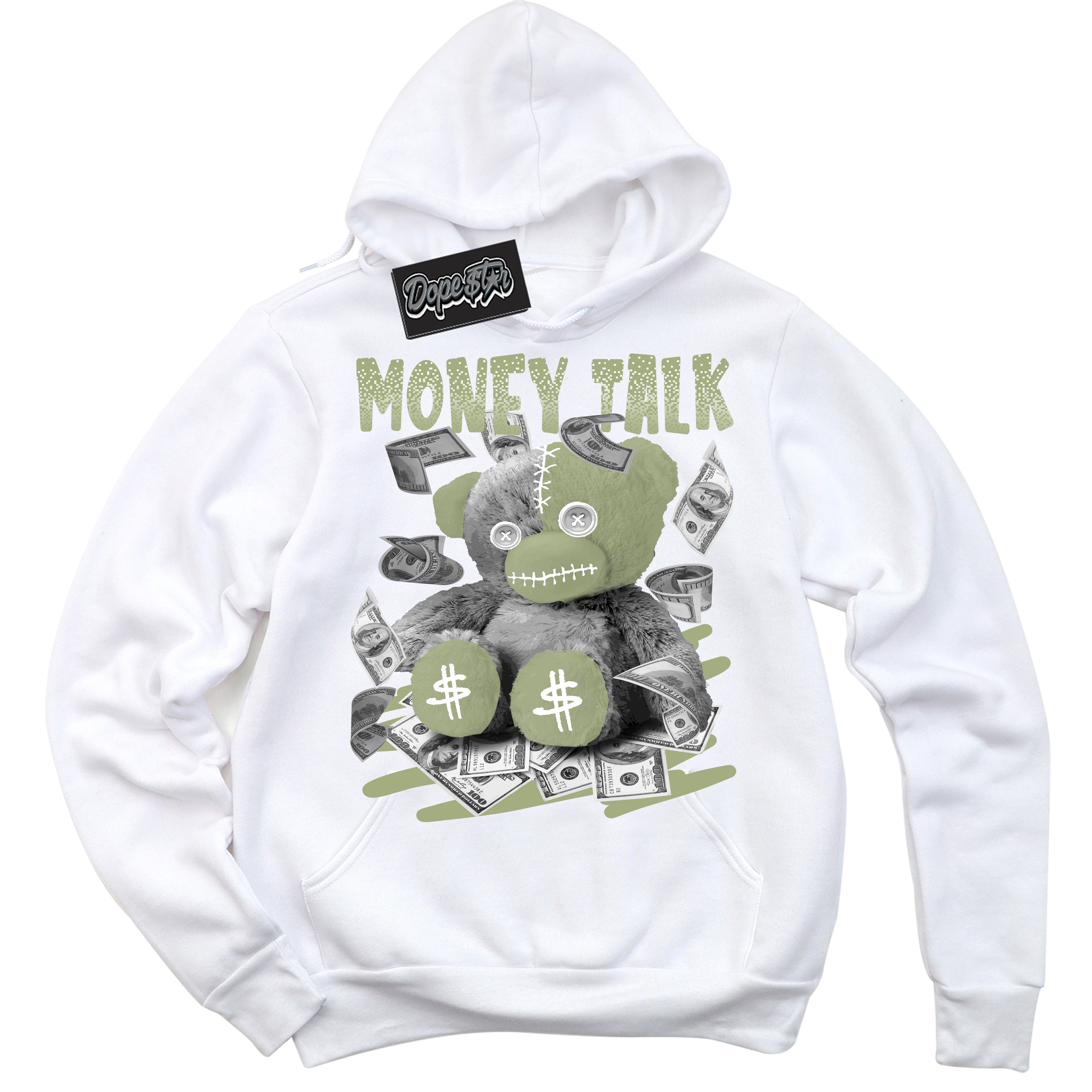 Cool White Hoodie with “ Money Talk Bear ”  design that Perfectly Matches Safari Oil Green Dunk.

