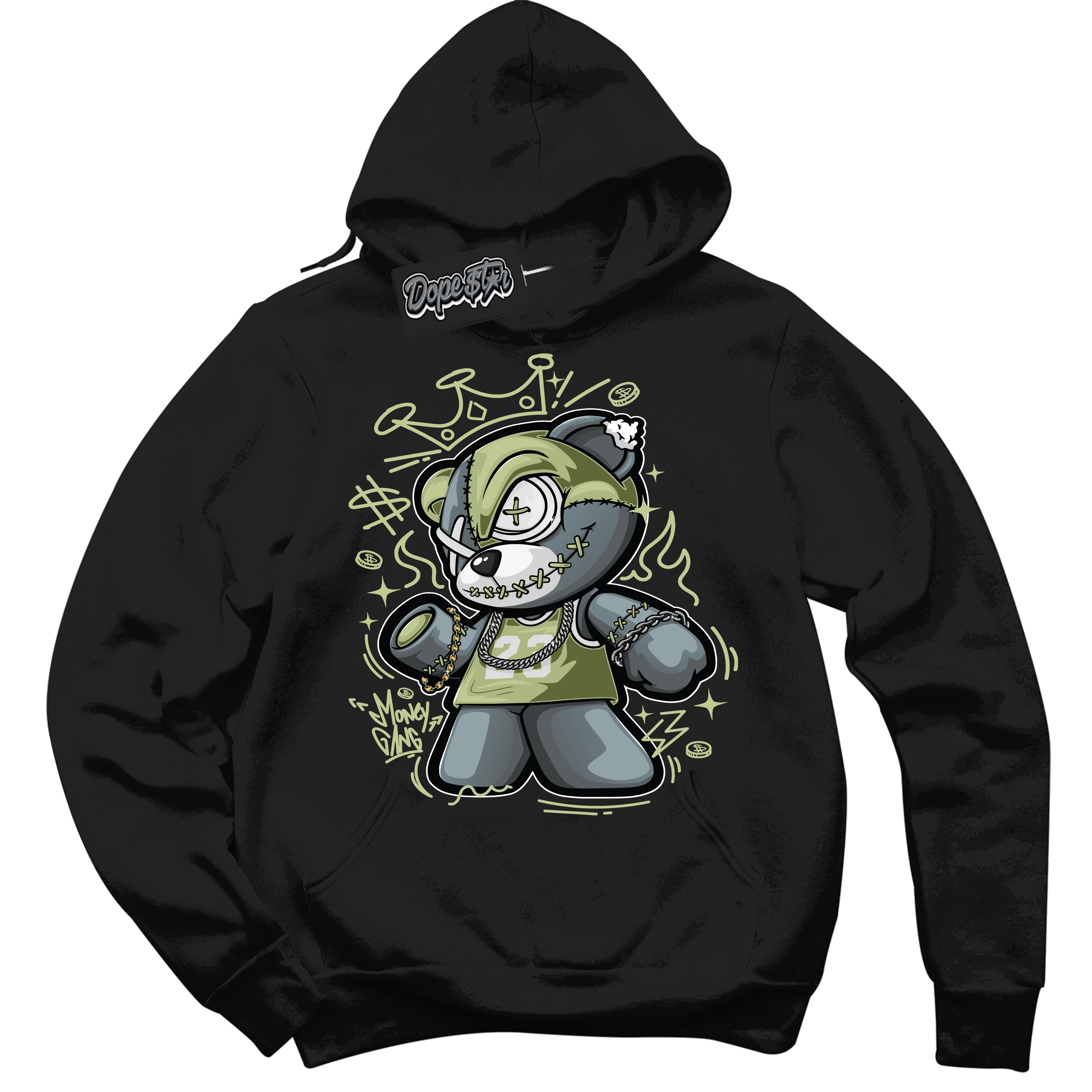 Cool Black Hoodie with “ Money Gang Bear ”  design that Perfectly Matches Safari Oil Green Dunk.
