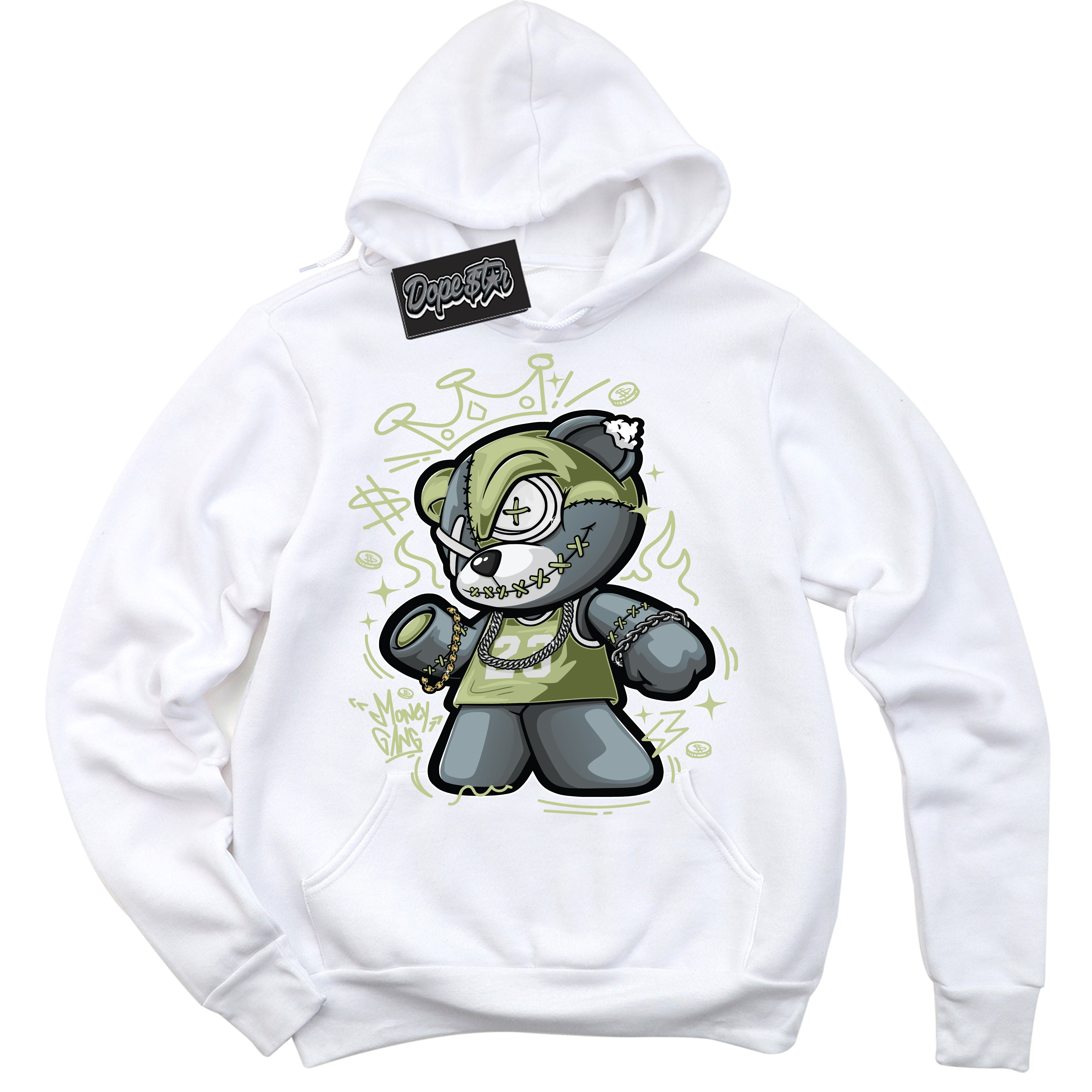 Cool White Hoodie with “ Money Gang Bear ”  design that Perfectly Matches Safari Oil Green Dunk.

