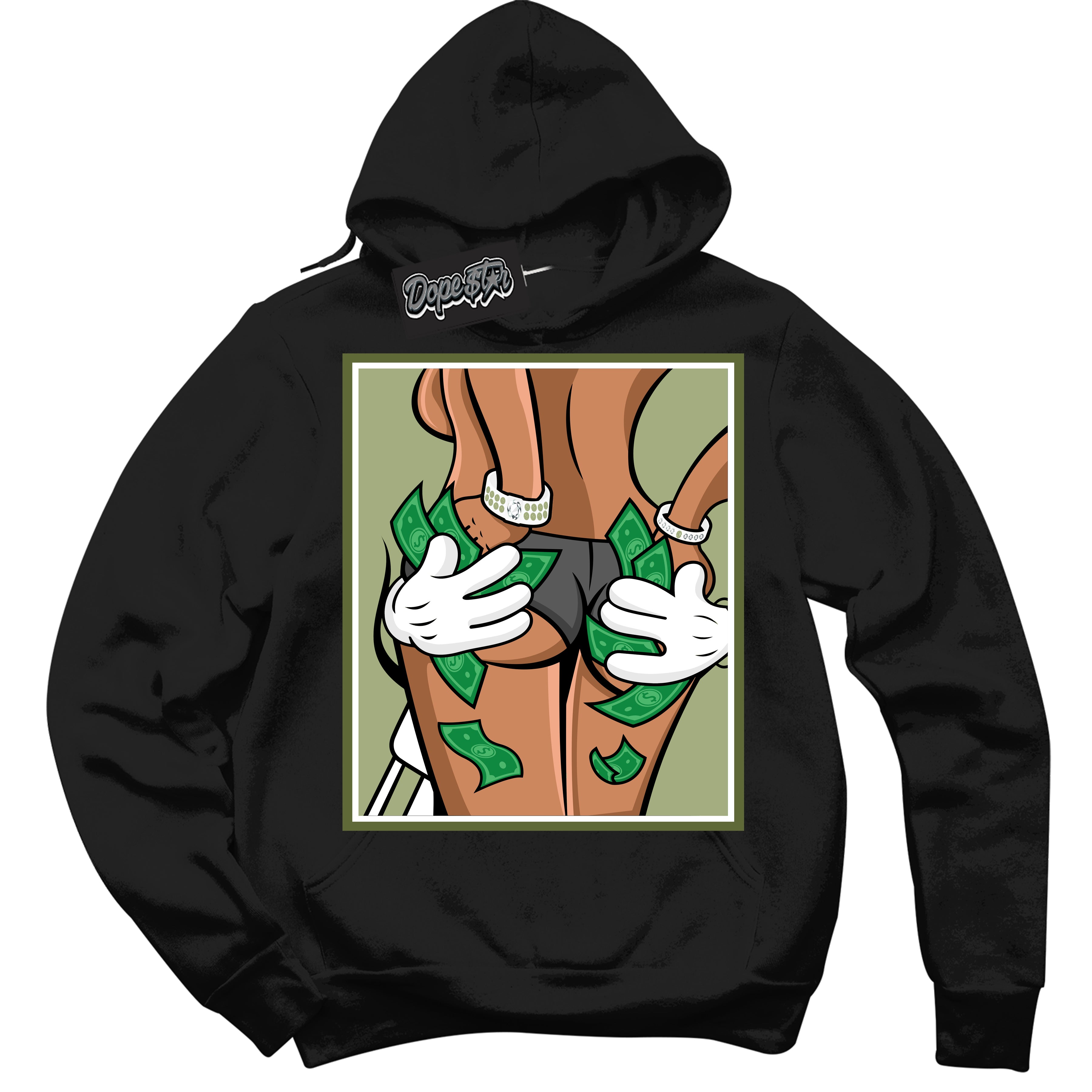 Cool Black Hoodie with “ Money Hands ”  design that Perfectly Matches Safari Oil Green Dunk.