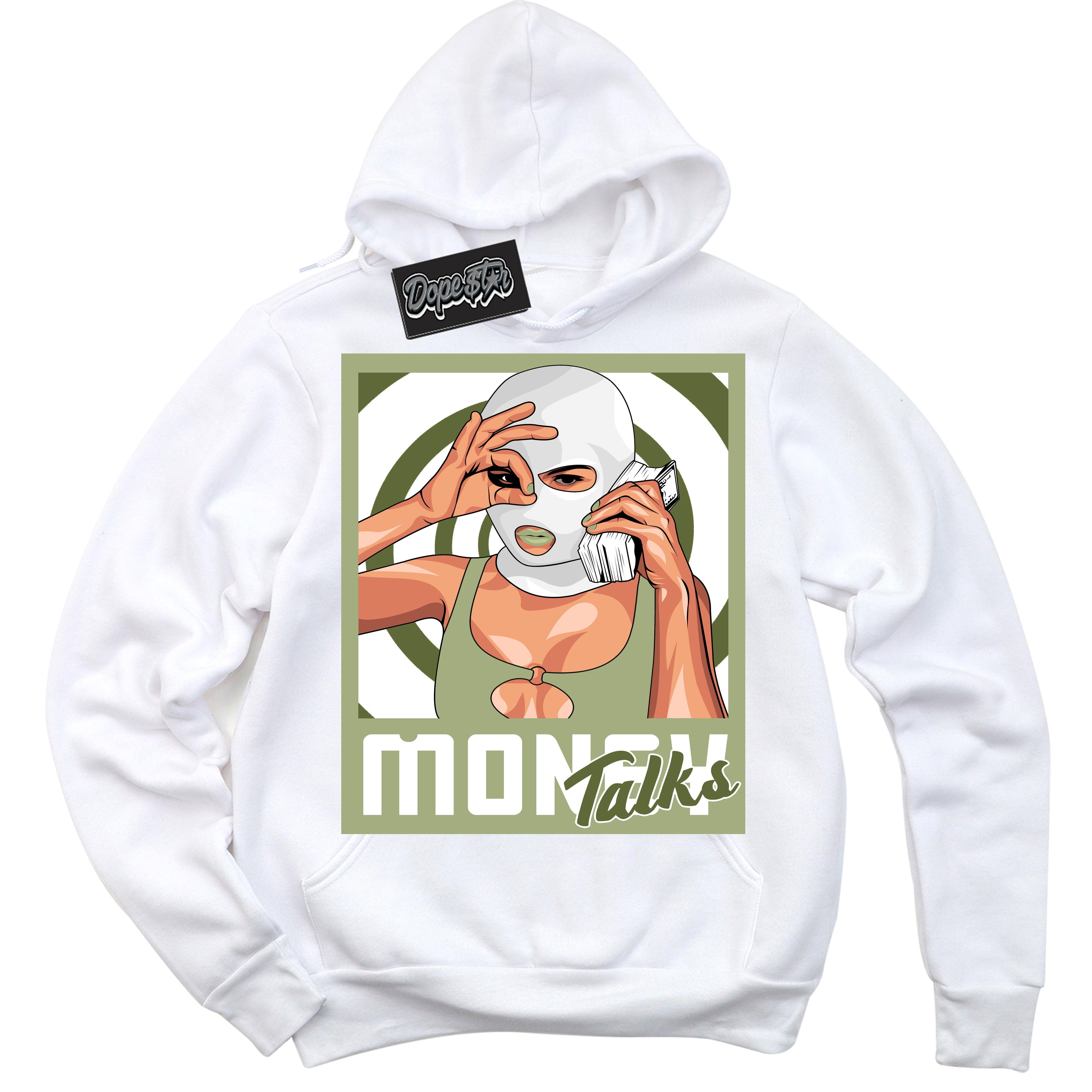 Cool White Hoodie with “ Money Talks ”  design that Perfectly Matches Safari Oil Green Dunk.
