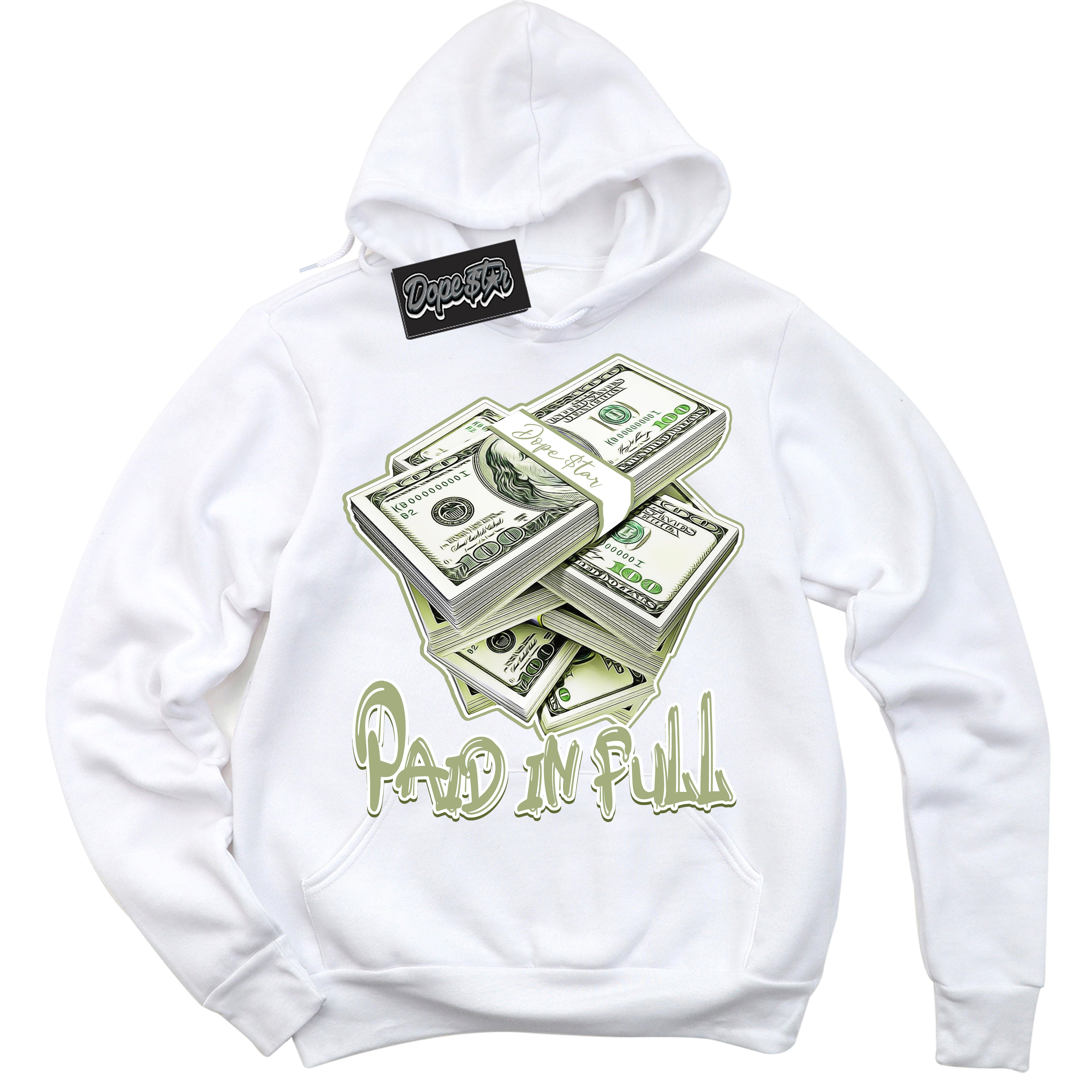 Cool White Hoodie with “ Paid In Full ”  design that Perfectly Matches Safari Oil Green Dunk.
