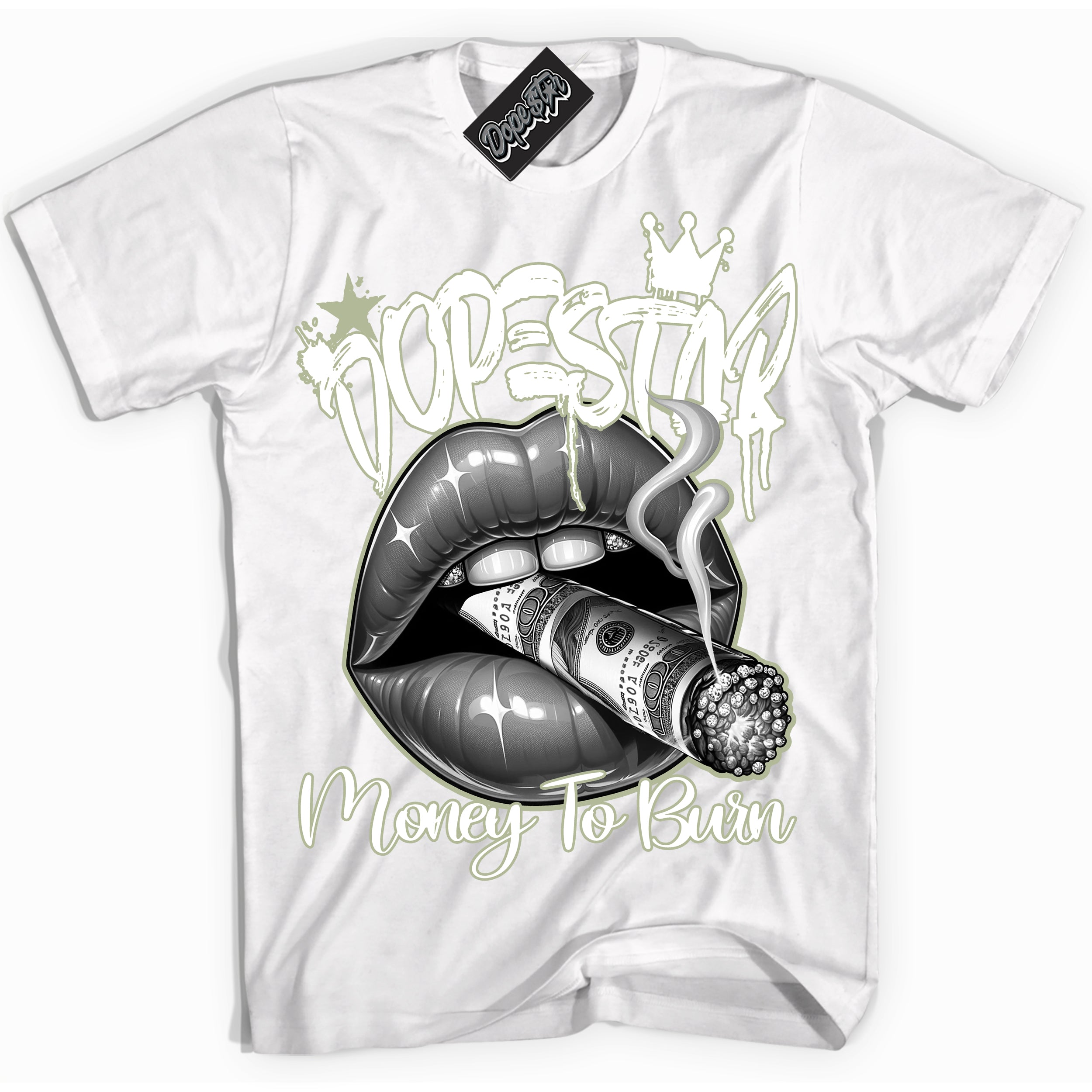 Cool White Shirt with “ Money To Burn” design that perfectly matches Next Nature Olive Aura Sneakers.