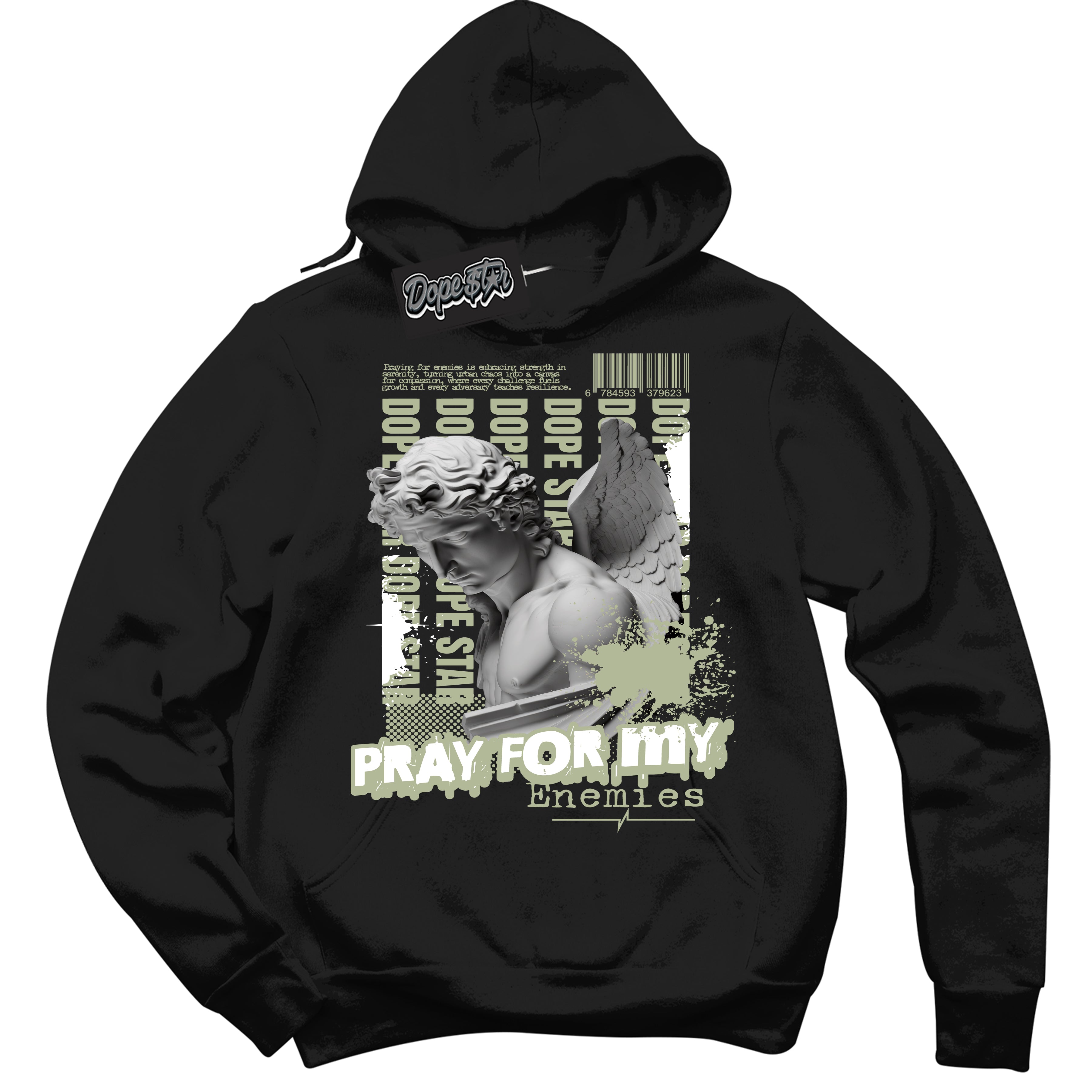 Cool Black Hoodie with “ Pray Enemies ”  design that Perfectly Matches Next Nature Olive Aura Sneakers.