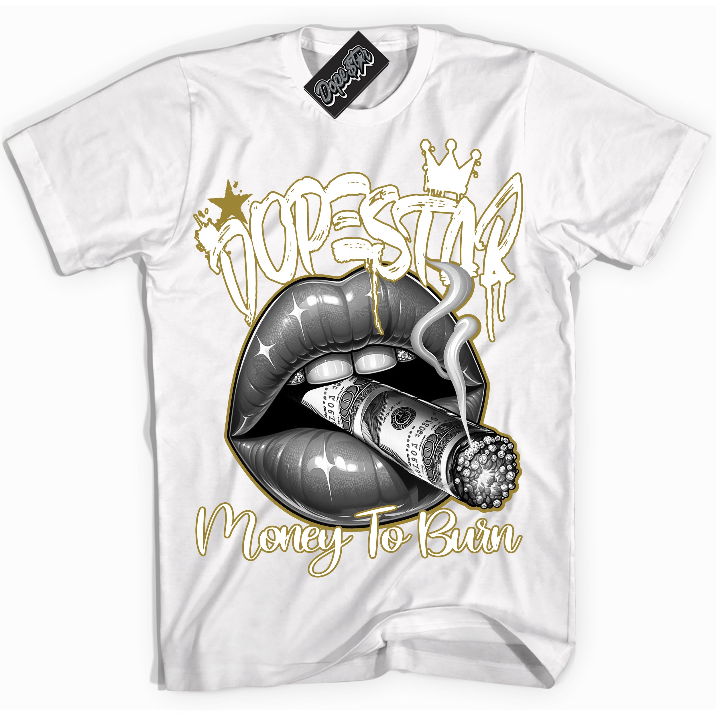 Cool White Shirt with “ Money To Burn” design that perfectly matches Pacific Moss Sneakers.