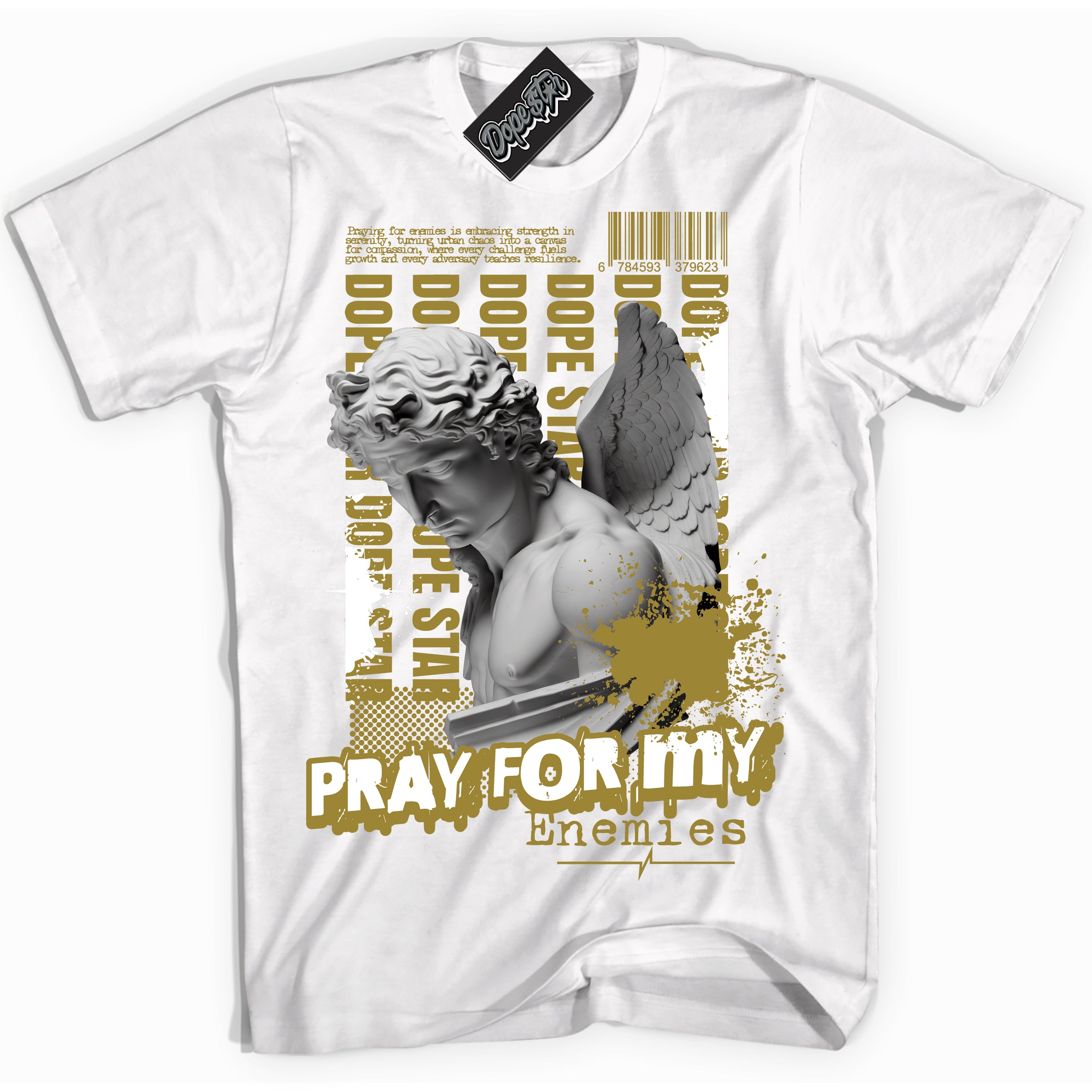 Cool White Shirt with “ Pray Enemies” design that perfectly matches Pacific Moss Sneakers.