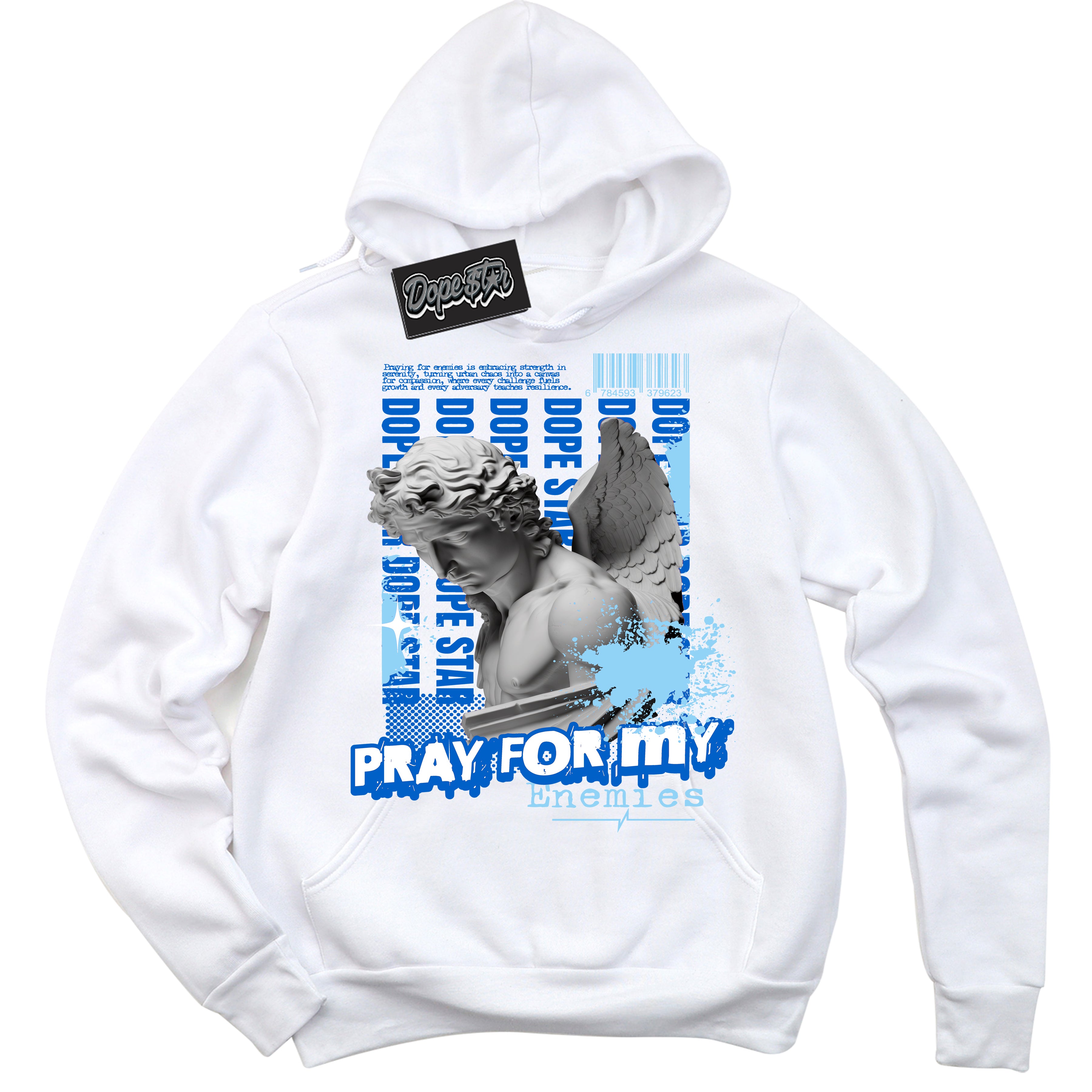 Cool White Hoodie with “ Pray Enemies ”  design that Perfectly Matches Argon Sneakers.