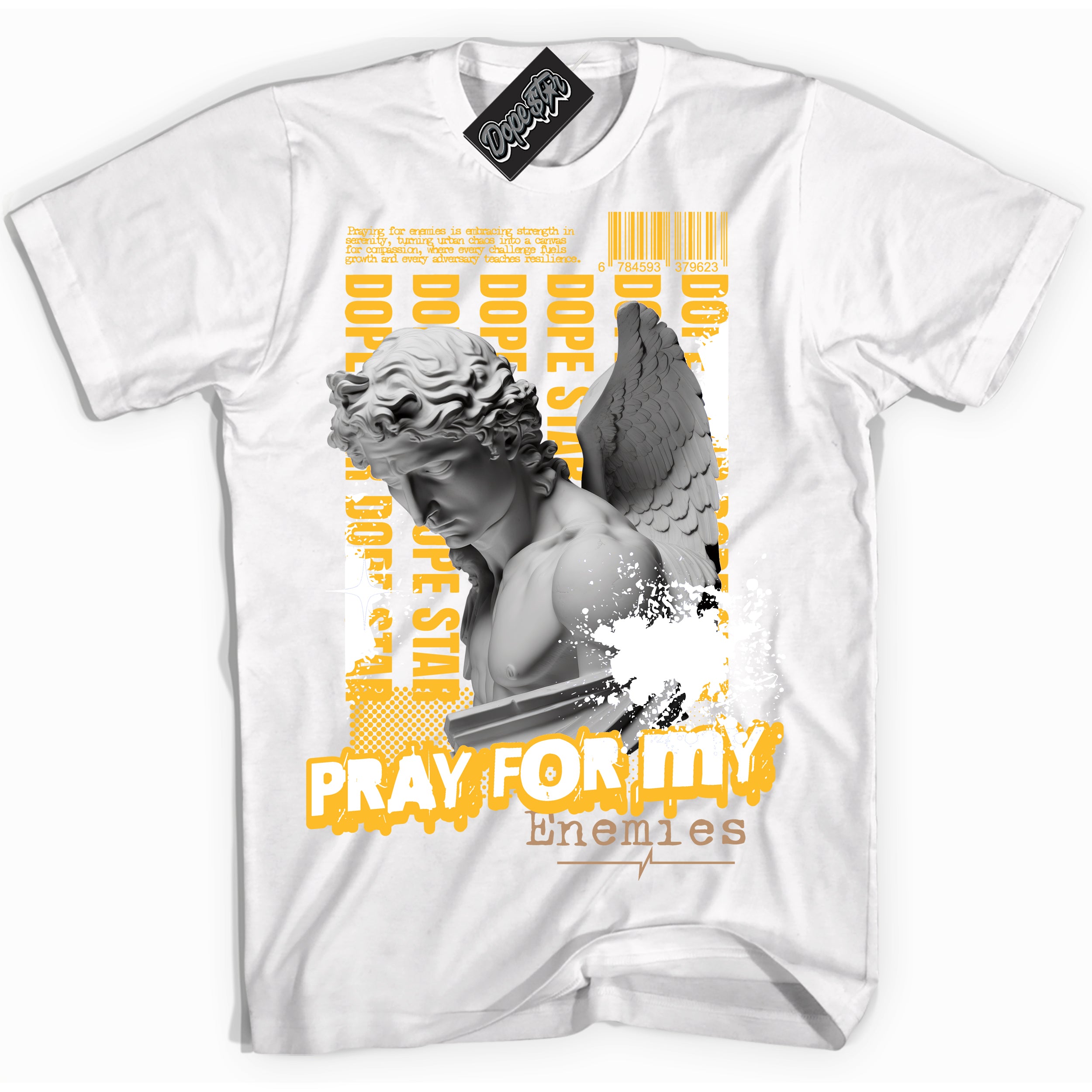 Cool White Shirt with “ Pray Enemies” design that perfectly matches University Gold Sneakers.