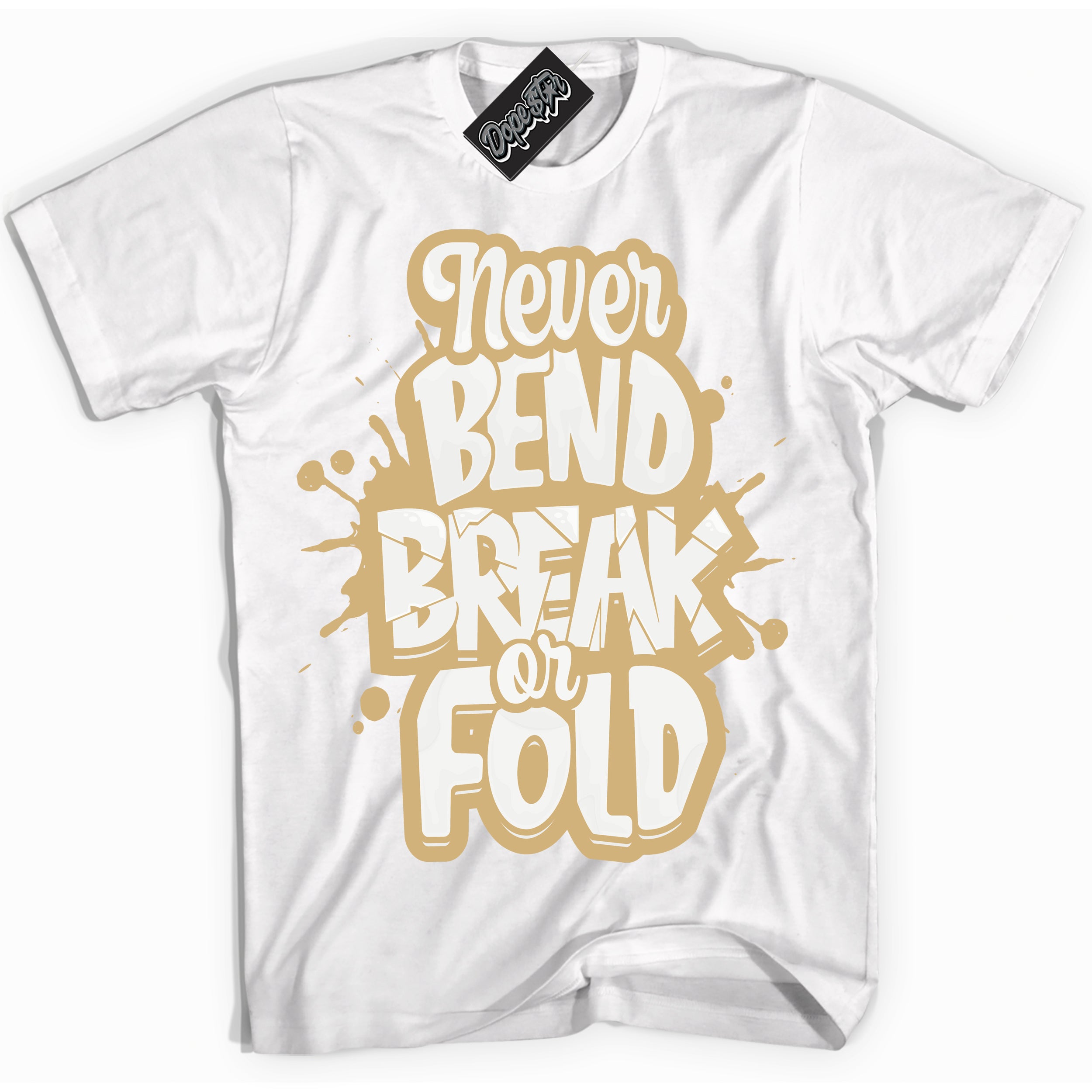 Jordan MVP White Metallic Gold ‘Never Bend Break Or Fold’ – White Streetwear T-Shirt | Sneaker Matching shirt for Jordan MVP White Metallic Gold | Men's and Women's Streetwear Graphic Tee by Sneaker Shirts Outlet.
