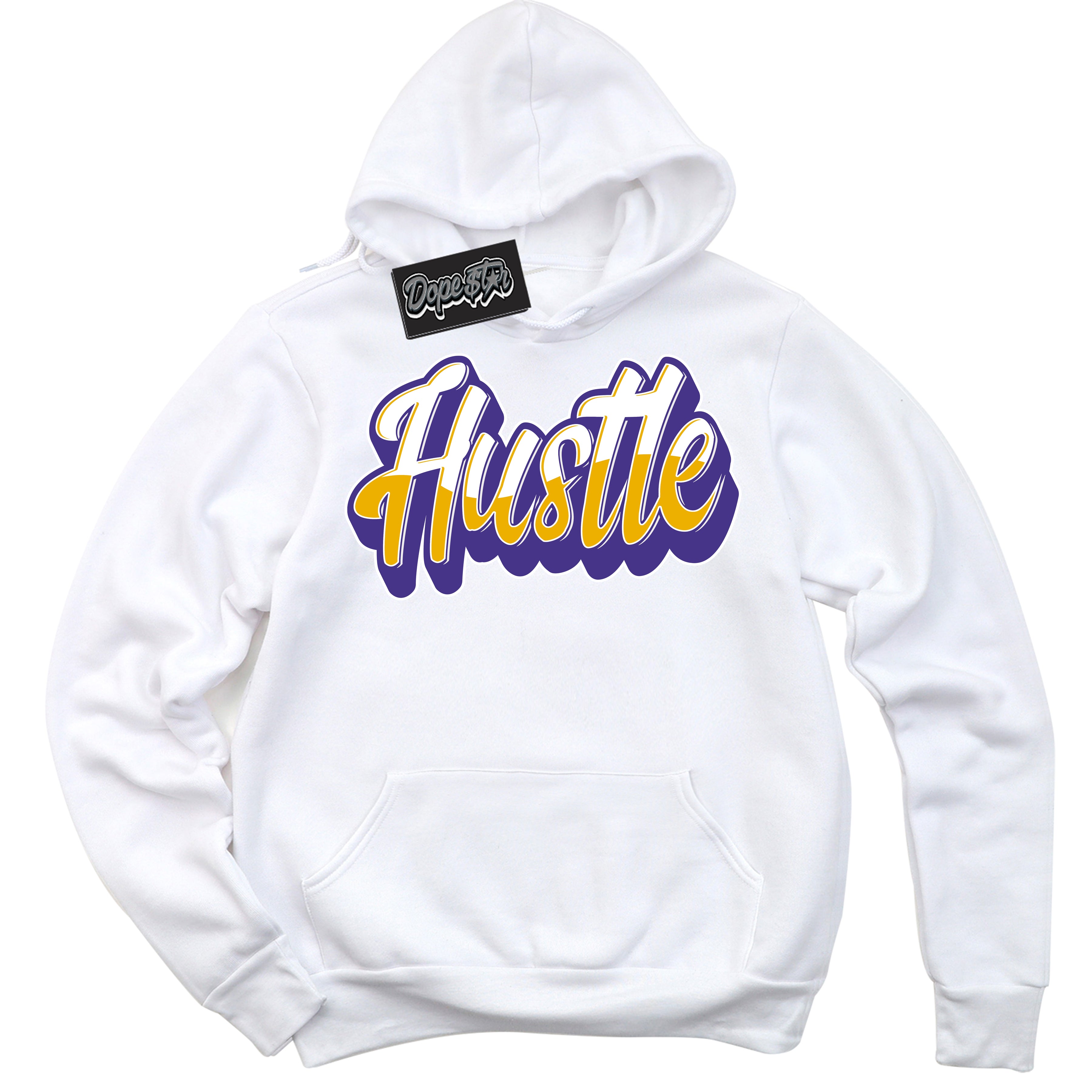 Cool White Hoodie with “Hustle” design that Perfectly Matches Air Force 1 QS Kobe Lakers Home Sneakers.
