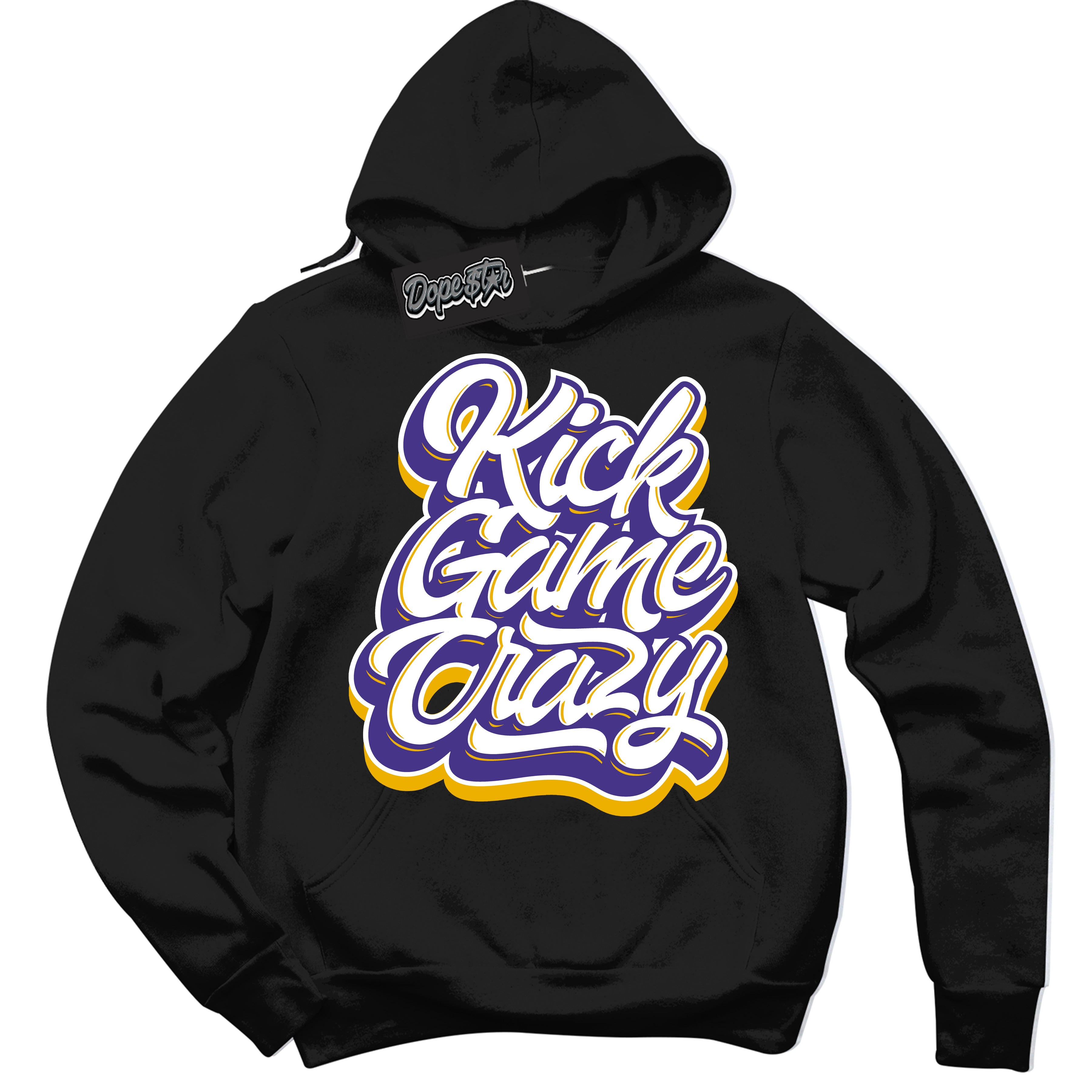 Cool Black Hoodie with “Kick Game Crazy” design that Perfectly Matches Air Force 1 QS Kobe Lakers Home Sneakers.