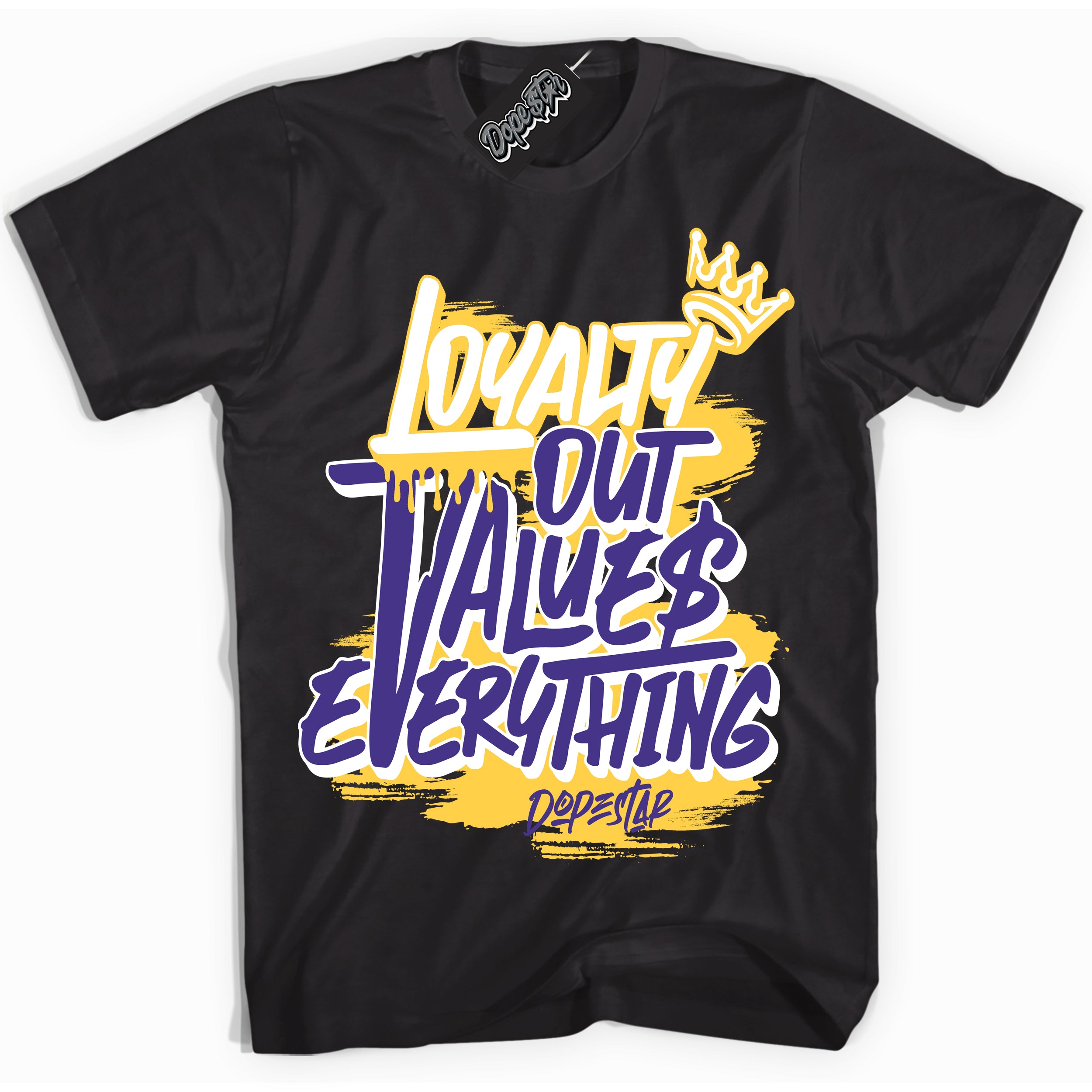 Cool Black Shirt with “Loyalty Out Values Everything” design that perfectly matches the Air Force 1 QS Kobe Lakers Home Sneakers.