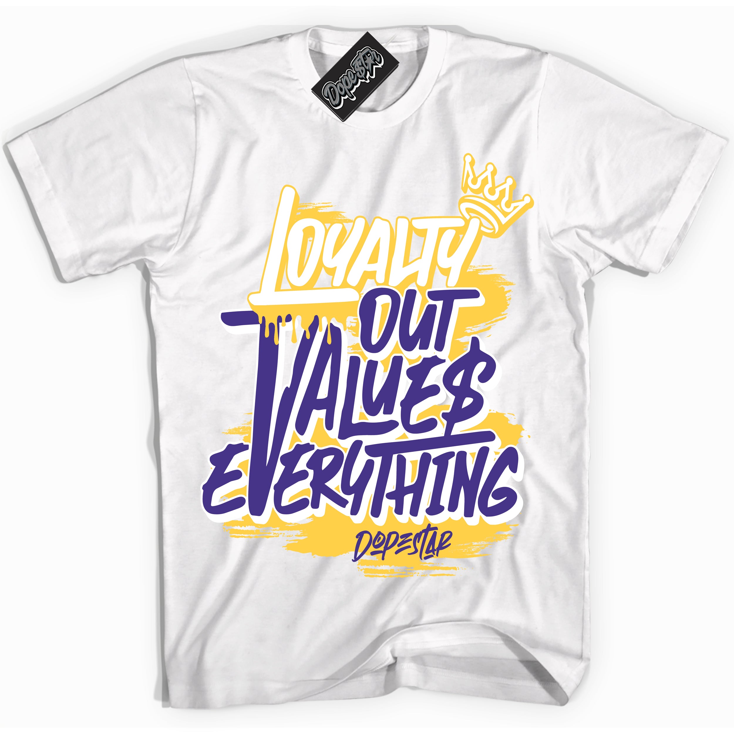 Cool White Shirt with “Loyalty Out Values Everything” design that perfectly matches the Air Force 1 QS Kobe Lakers Home Sneakers.